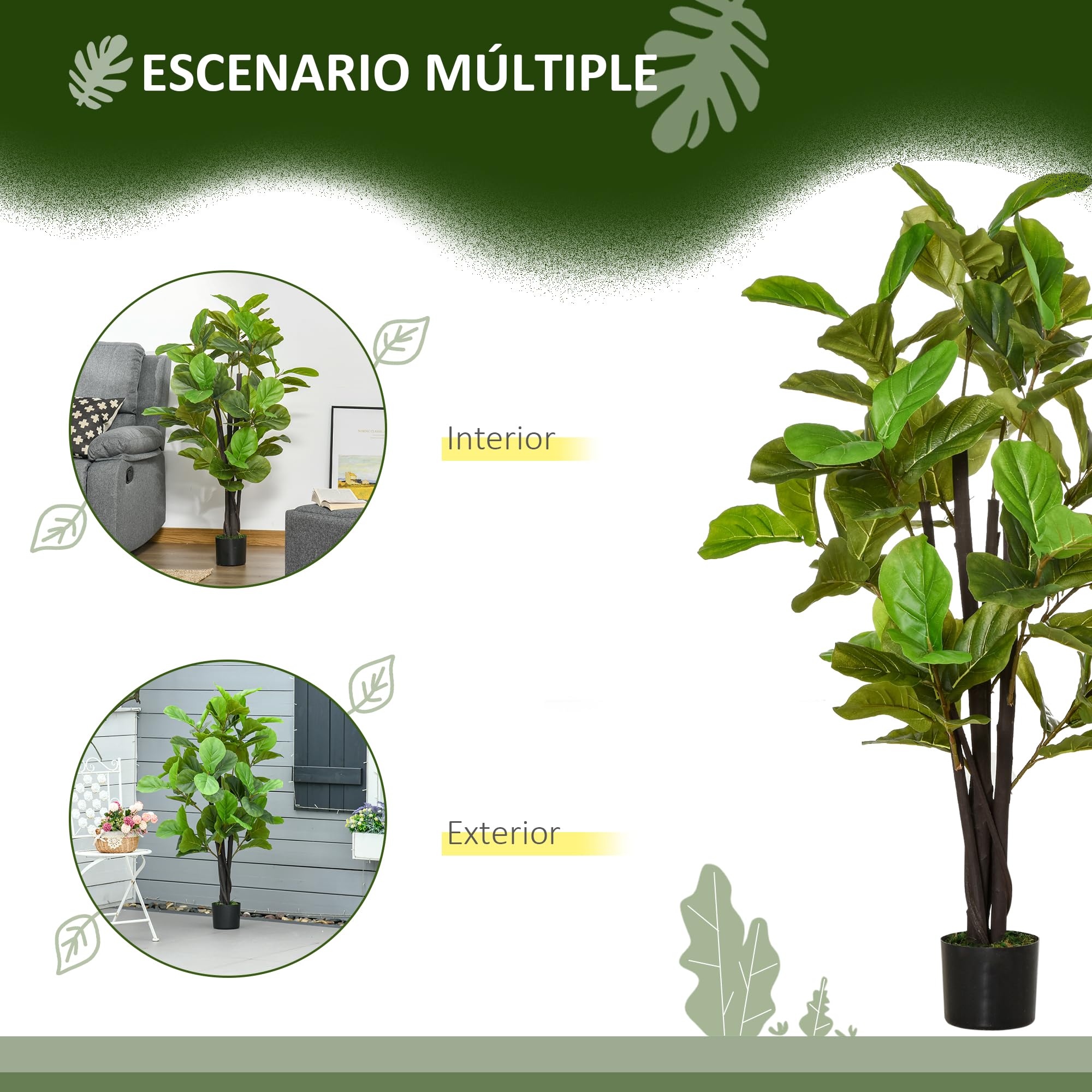 HOMCOM Ficus Artificial 130 cm Planta Artificial con Maceta Planta Artificial Decorativa para Interior y Exterior Hogar Salón Oficina Verde