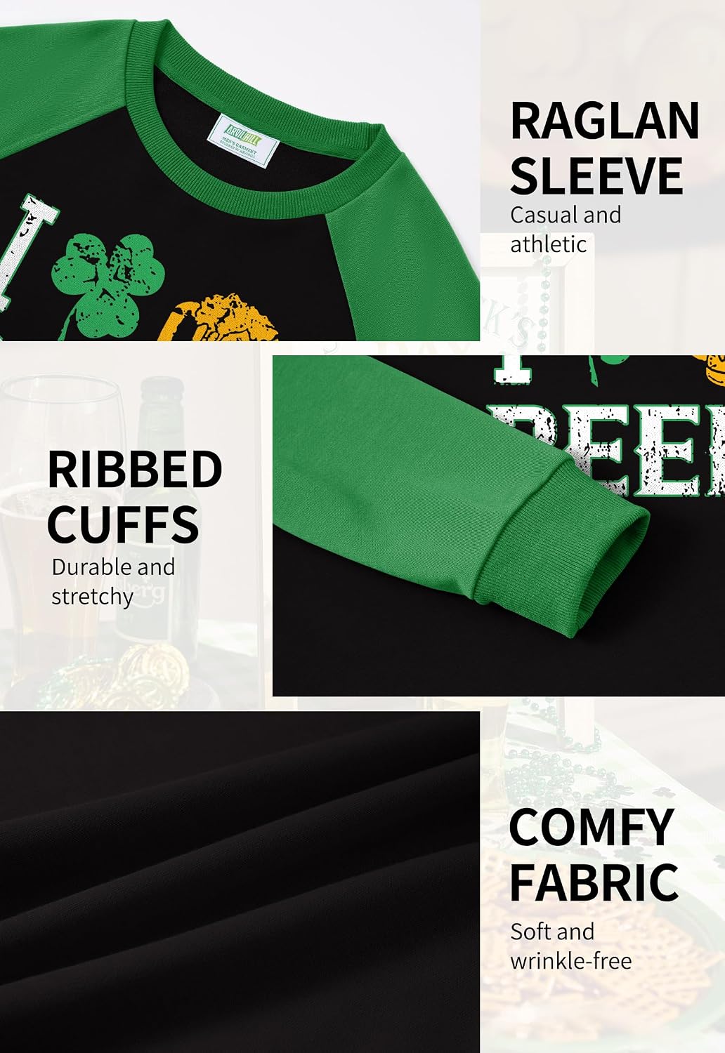 Arvilhill Men St Patrick's Day Sweatshirts 3 Leaf Shirt Novelty Top Man Festival Party Pullover Black Shamrock L