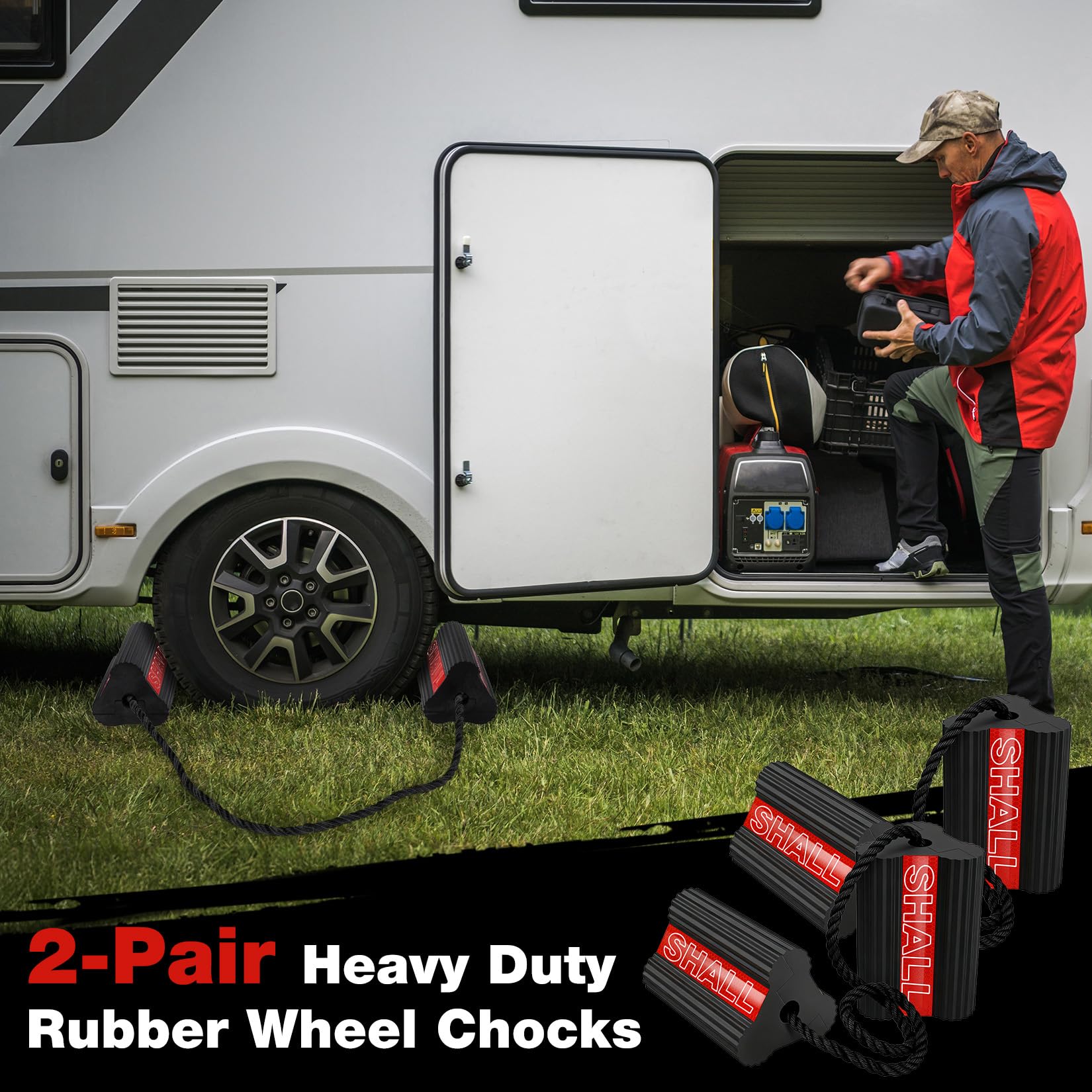 SHALL Cunei per ruote, in gomma resistente, con 3 strisce riflettenti, blocco solido per camper, camion, auto, aerei, confezione da 2 paia/4 pezzi con corda, rosso
