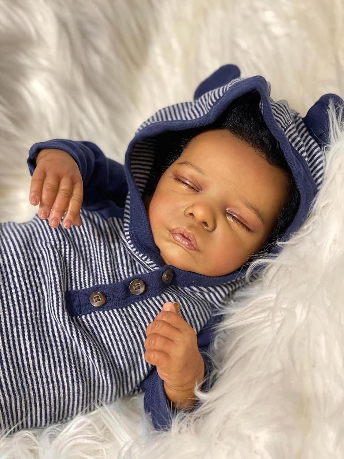 TERABITHIA 18 Inches Lifelike African American Reborn Baby Doll with Hand Rooted Hair Black Realistic Baby Doll Newborn Sleeping Dolls with Soft Cloth Body & Cozy Striped Outfit