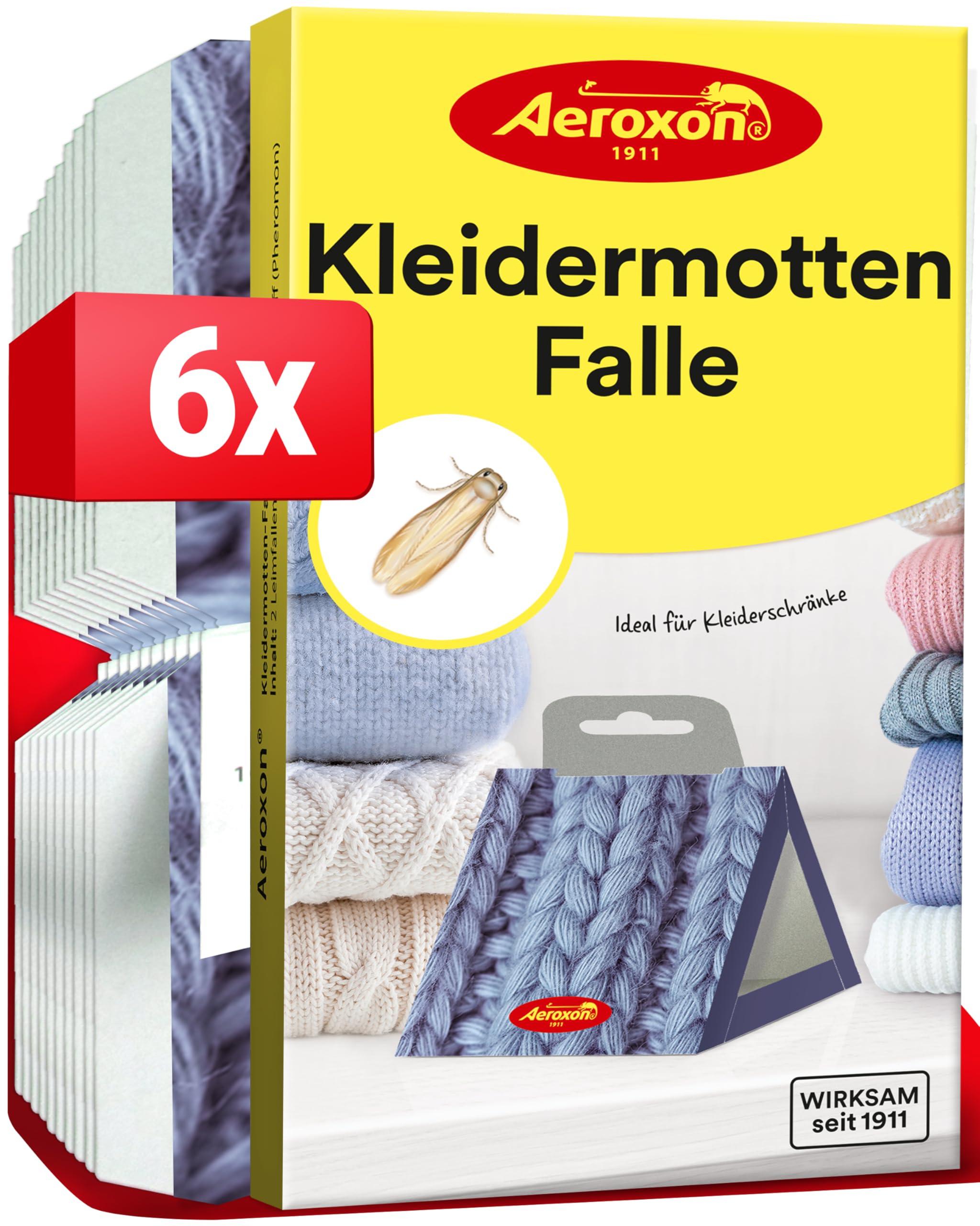 Aeroxon Mottenfalle Kleidermotten - 6 Stück Kleider Mottenfalle für effektiven Mottenschutz für Kleiderschrank, Kleidermottenfalle mittel gegen motten in der wohnung, Schützt zuverlässig & langfristig
