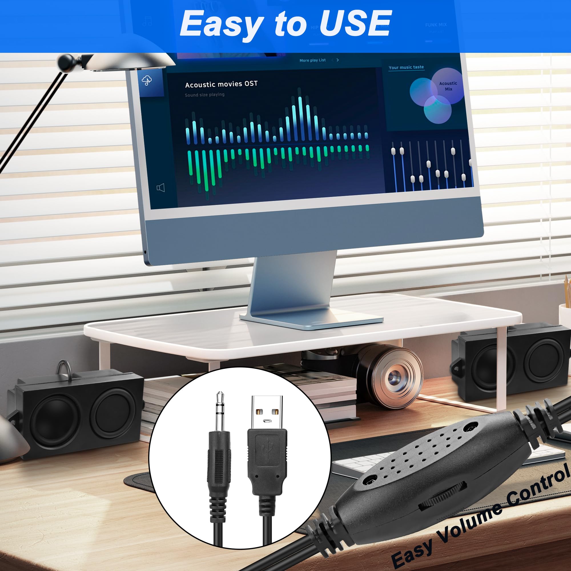 MEIRIYFA Altavoces para Ordenador, Mini Altavoz USB con Jack AUX 3,5 mm, Control de Volumen, Estéreo para PC de Escritorio, Tablet, Teléfono (Negro, 1,2 m)