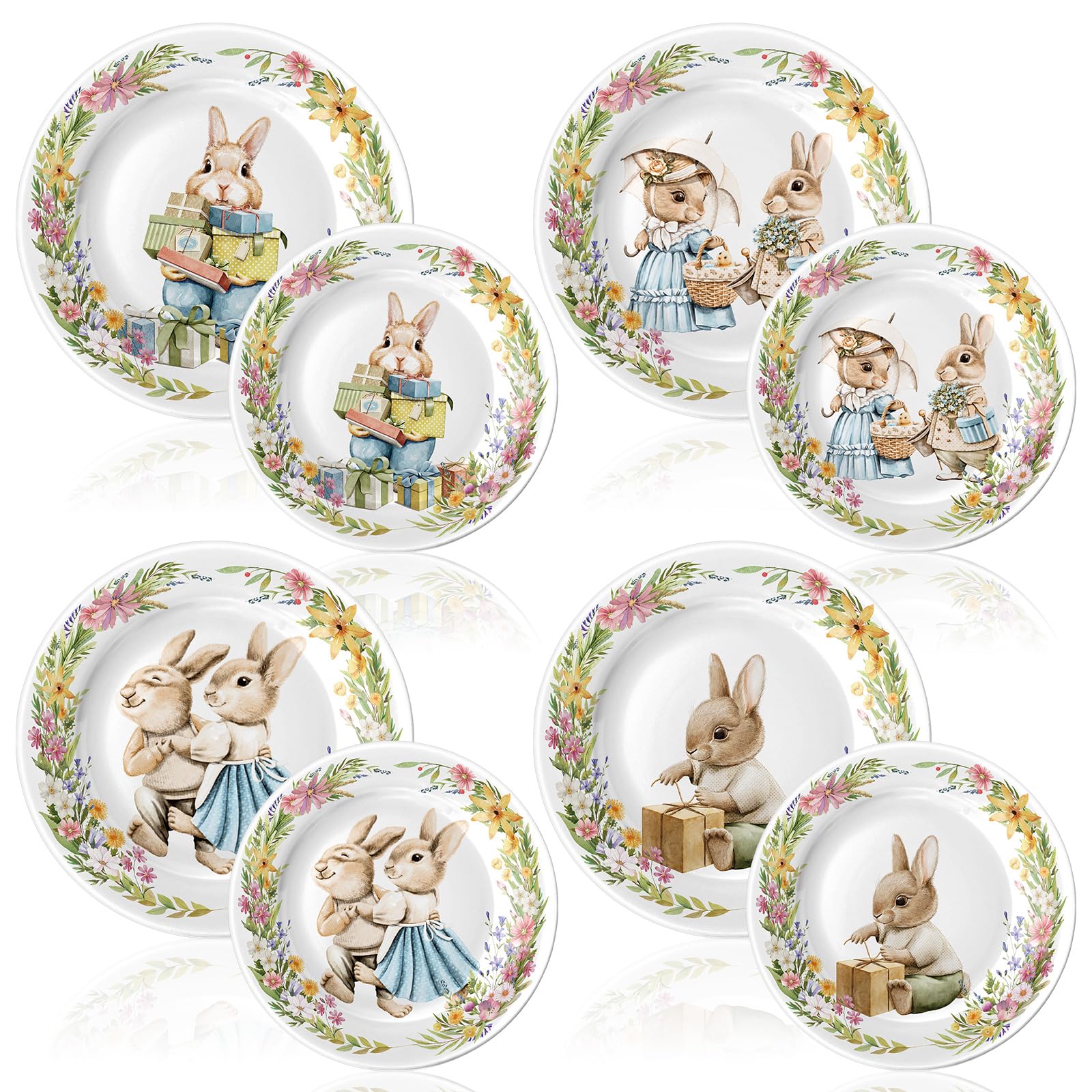 Lot de 8 assiettes à salade et 10 assiettes de dessert de lapin de Pâques de 8 pouces et 10 pouces, assiettes de dessert aux designs variés, assiettes multicolores, vaisselle de lapin de Pâques