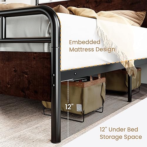 Miniatura 6 de SHA CERLIN Base de cama tamaño King con cabecera y pie de cama de madera, estructura de metal con esquinas redondeadas, listones de servicio pesado