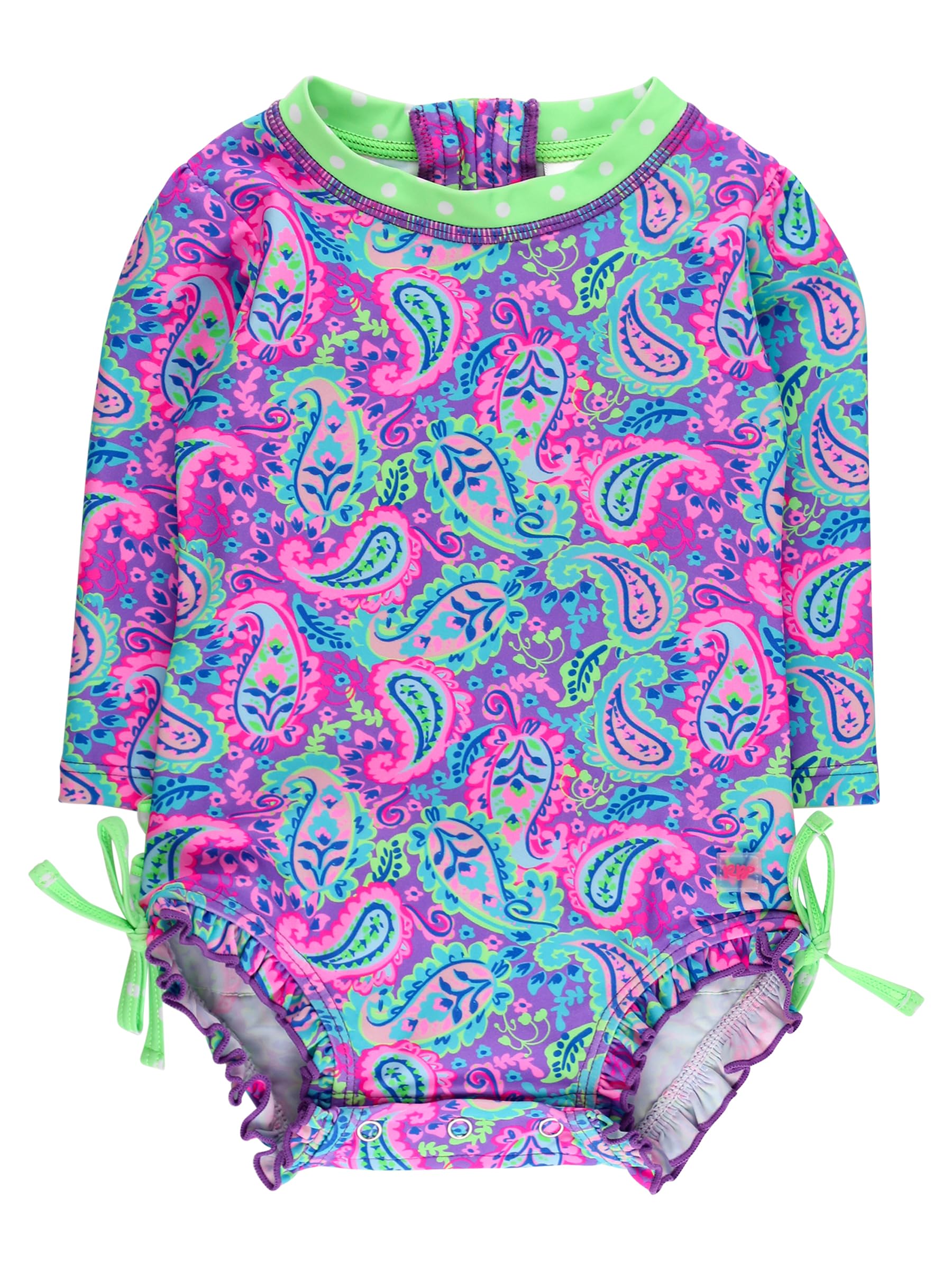 RuffleButts Baby Girls Novelty Baby One Piece - Rash Guard Swimsuit | 80% Nylon 20% Spandex, UPF 50+, Lightweight, Medium Stretch, Full Seat Coverage, Bottom Snaps, Unlined, Infant Beach Swim