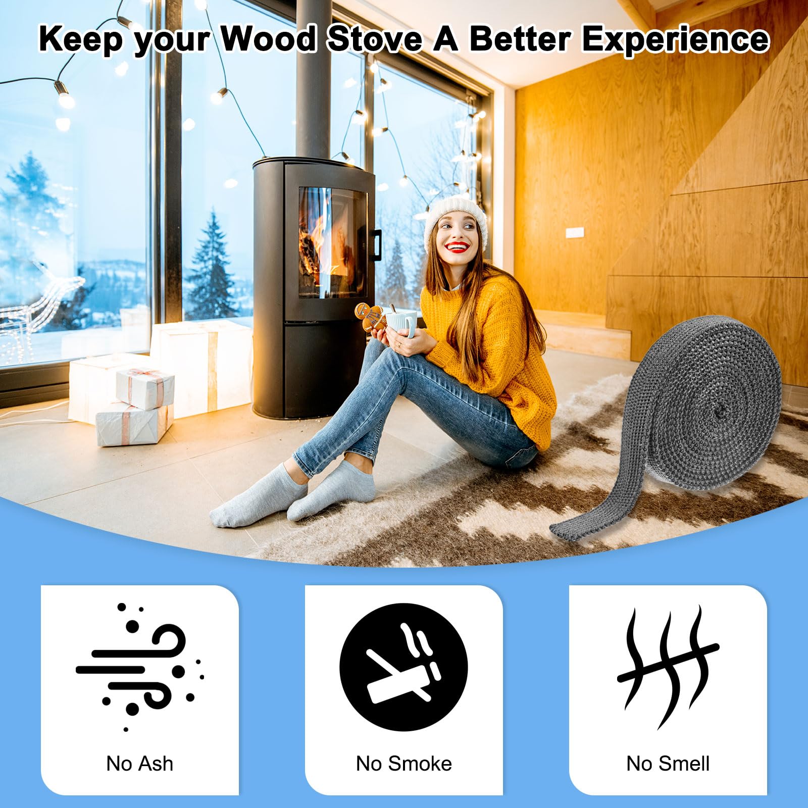 M METERXITY Wood Stove Gasket, 1" x 118.1" Wide Fiberglass Seal Rope Gasket Rope Replacement for Fireplace Door/Wood Stoves - Image 3