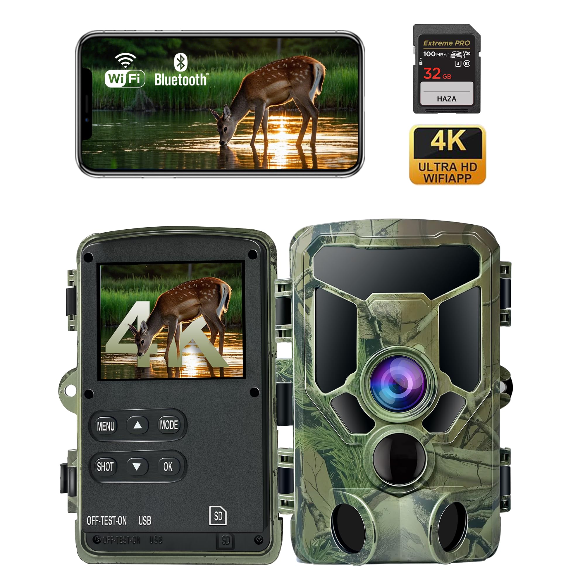 HAZA Caméra de Chasse WiFi 4K, Piège Photo Vision Nocturne, IP66 Animaux | Connectée Téléphone Bluetooth, Détection 0,1s, Angle 120°, Infrarouge 940nm, Carte SD 32Go, Extérieur