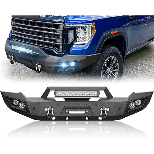 for Sierra 2500 3500 Front Bumper Compatible with 2020 2021 2022 2023 GMC Sierra 2500 3500 HD Pickup Truck Bumper with Winch Plate, 5 x LED Lights, License Plate Bracket, Sensor Holes & D-rings