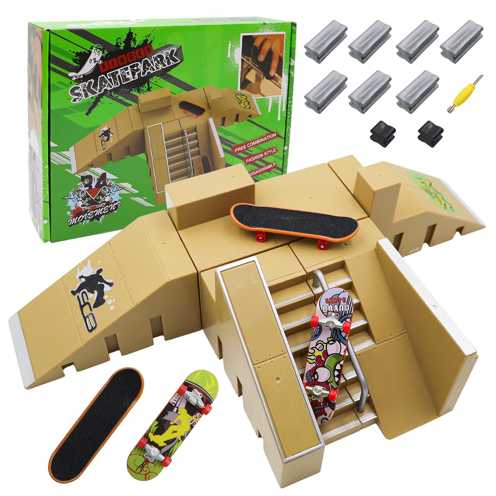 Finger Skateboard Rampe Zubehör Set 5-in-1 mit Fingerskateboard | DIY Montage, Fingerboard Skatepark, Fingersportarten, Kindergeburtstag Mitgebsel, für Kinder