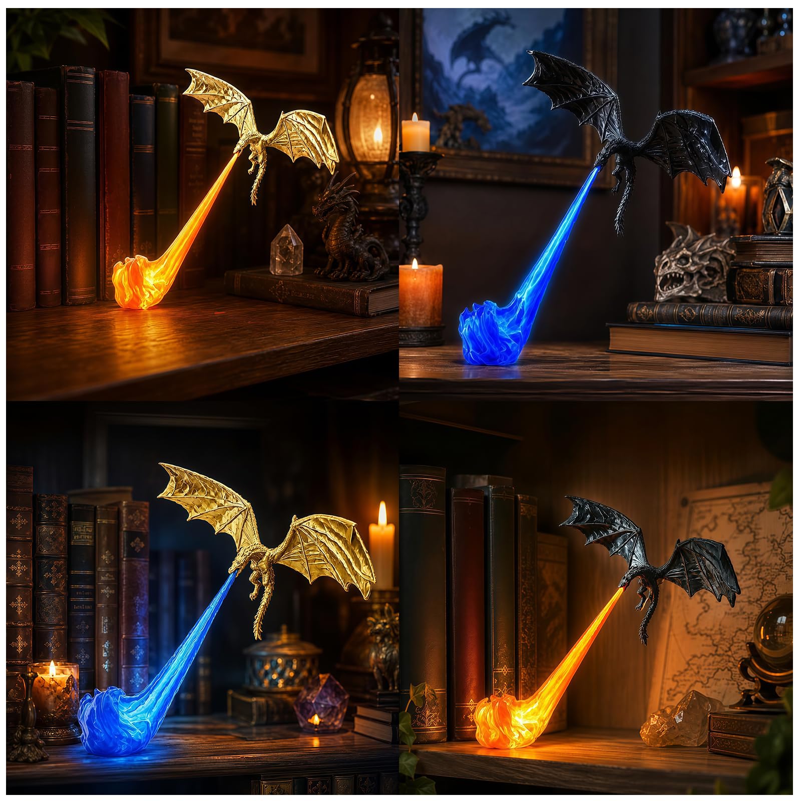 LED Dragon Book Nook Bookshelf Lantern Vintage Flame Shelf Light A-Mini