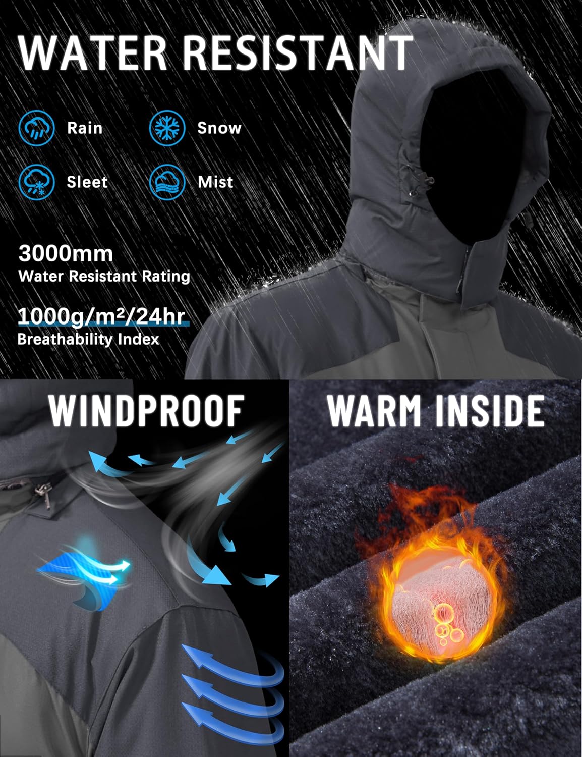 TACVASEN Winter Jacket Men's Water-Resistant Fleece Jacket Snow Ski Jacket Military Tactical Jacket Coat Parka Hood Raincoat