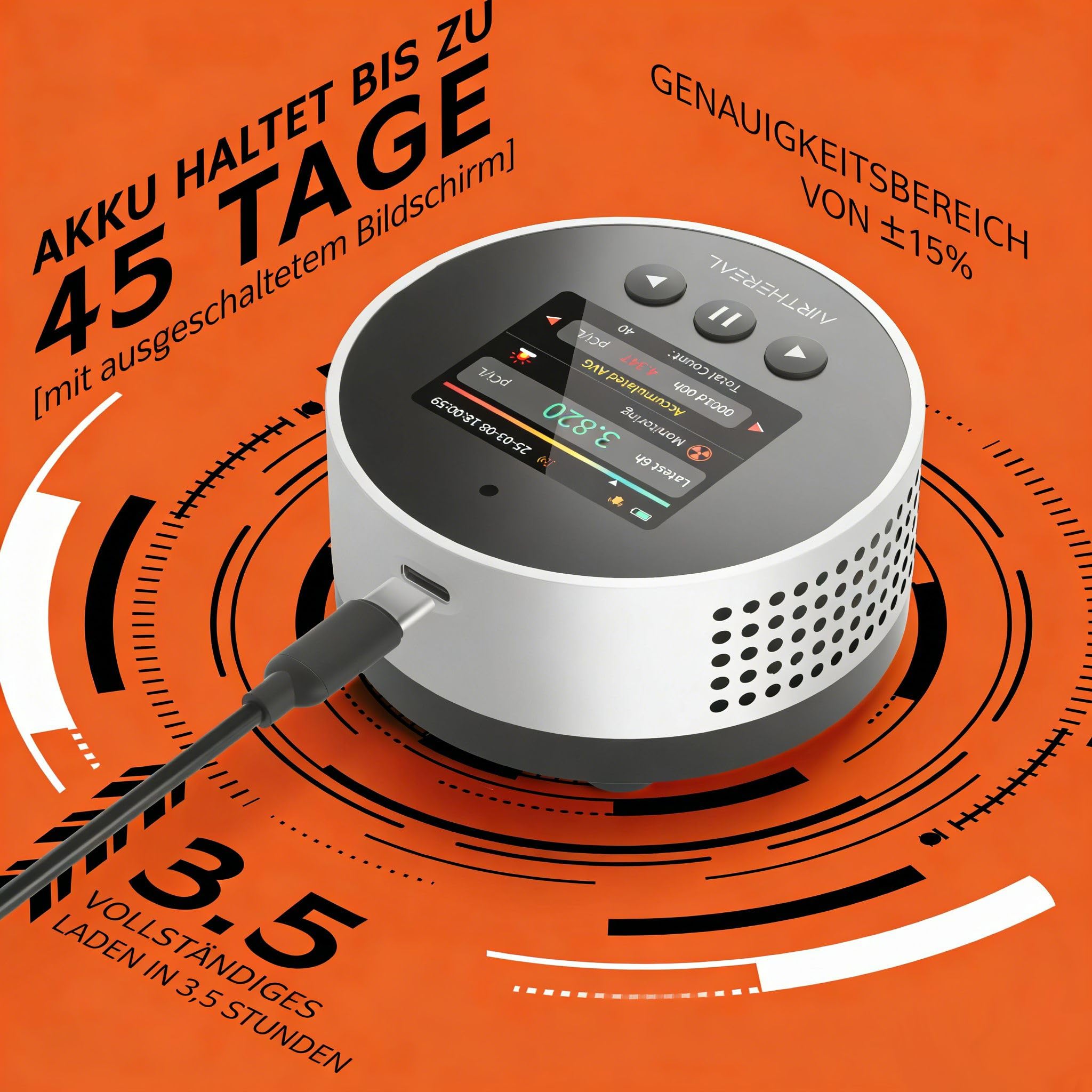Airthereal Radonmessgerät Tragbar RM63 – Radon-Detektor für Haus & Keller, 504 Tage Langzeit-Datenspeicher, LCD-Farbdisplay, Schnelle 6-Std.-Ergebnisse, Lange Batterie, akustischer & visueller Alarm