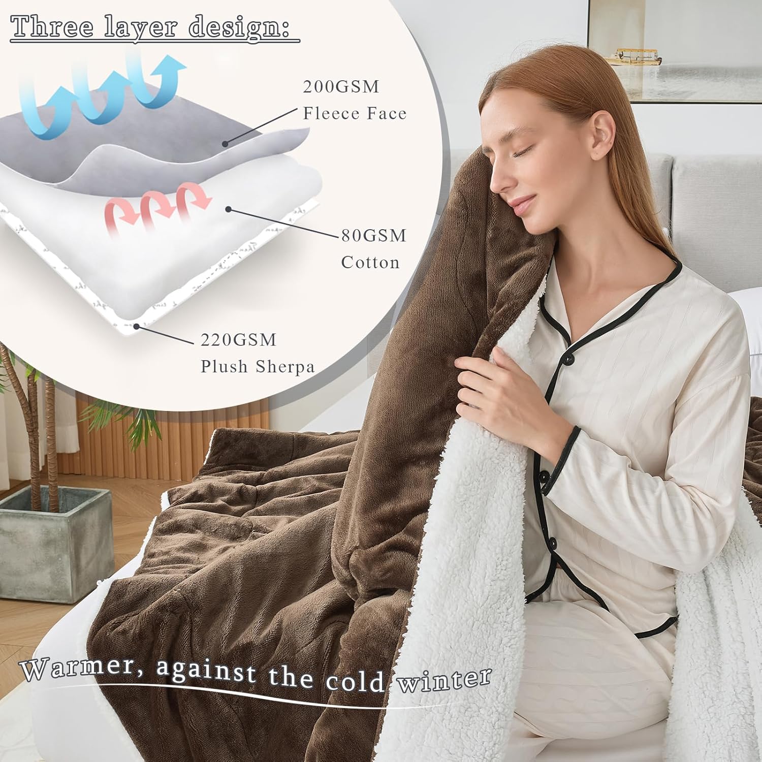 CHOSHOME Sherpa Fleece Blanket- Thick Warm Blanket for Winter, Soft Fuzzy Plush Blanket for Bed, Couch, Travel (Brown, Cal King 96" x 102") - Image 2