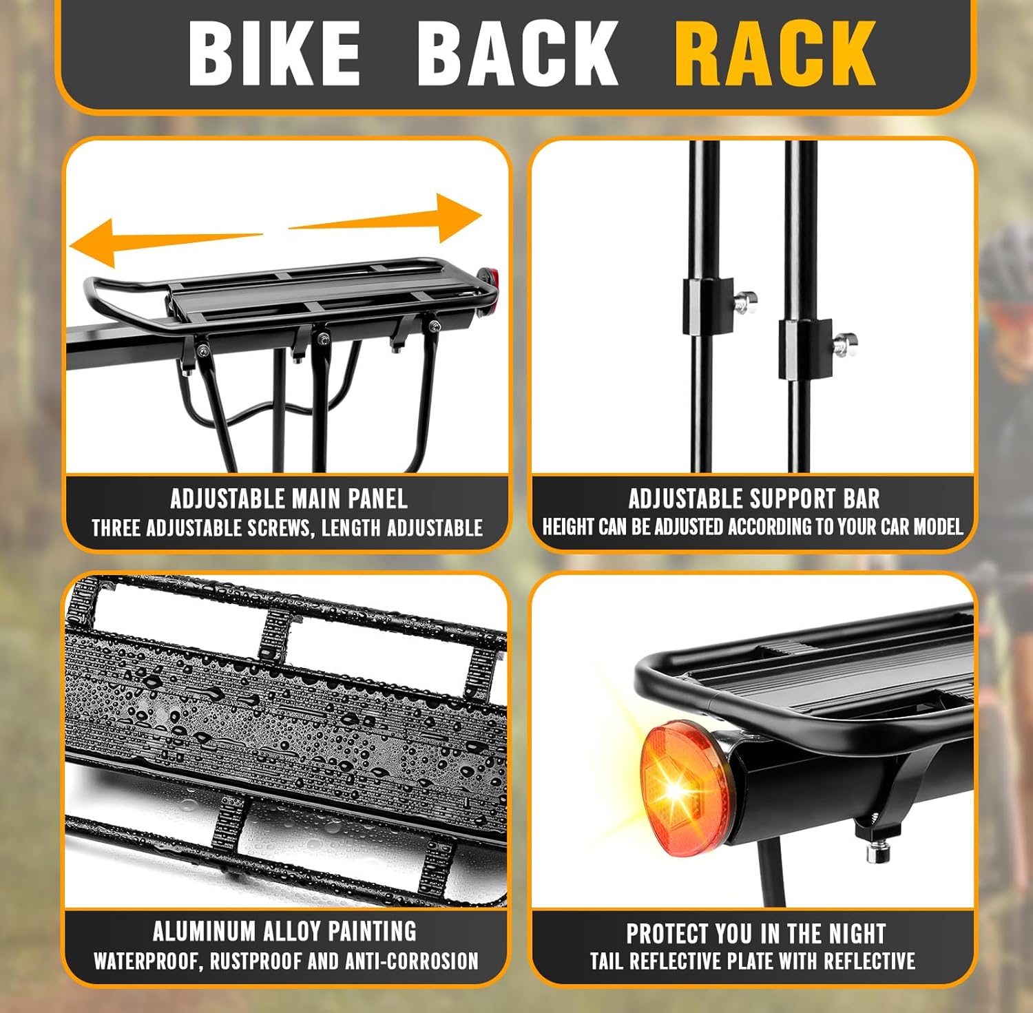 Rear Bike Rack Bike Cargo Rack 110-135Lb Capacity Bike Rear Rack Universal Adjustable Bike Back Rack, Cycling Equipment Stand Footstock with Reflective Logo