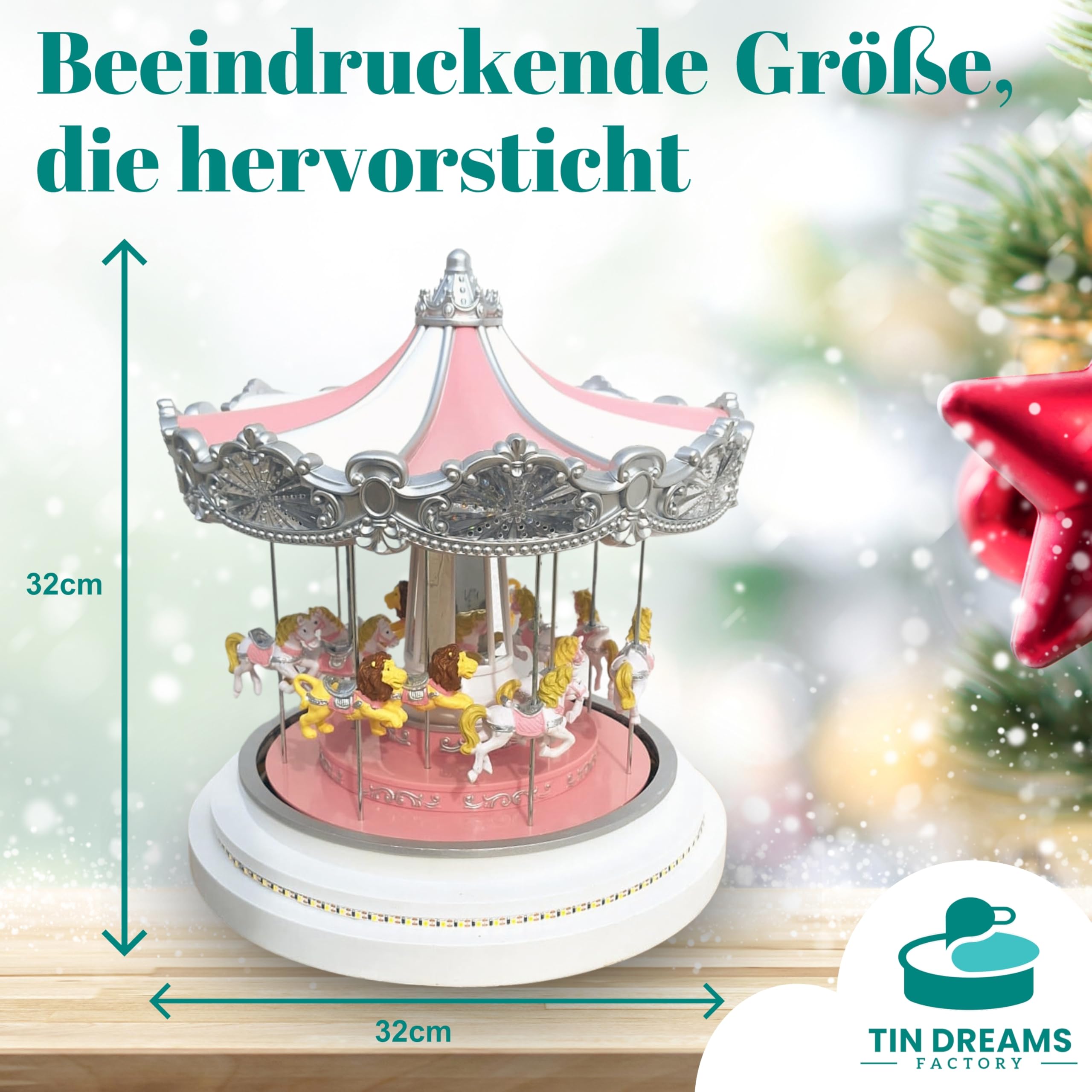 TIN Dreams | Großes Weihnachtskarussell mit Bewegung, Musik und LED-Lichtern | Musikalisches Karussell | Weihnachtsdorf, Miniaturdorf, Beleuchtete animierte Szene | Weihnachtsdeko Inner