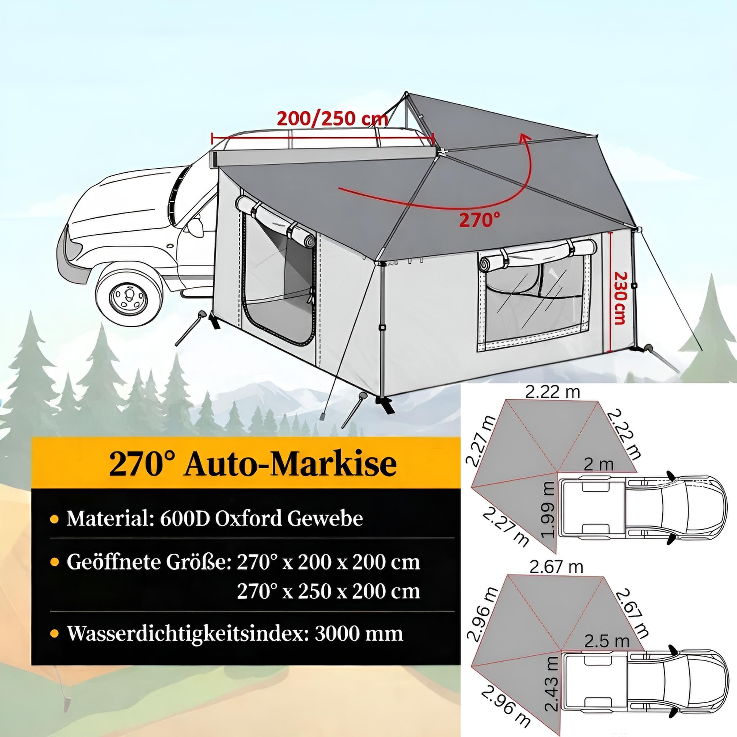 270° Markise Khaki oder Grau Automarkise/Zelt mit Vorzelt 200x200cm oder 250x200cm (Khaki, 200x200cm für die Fahrerseite)