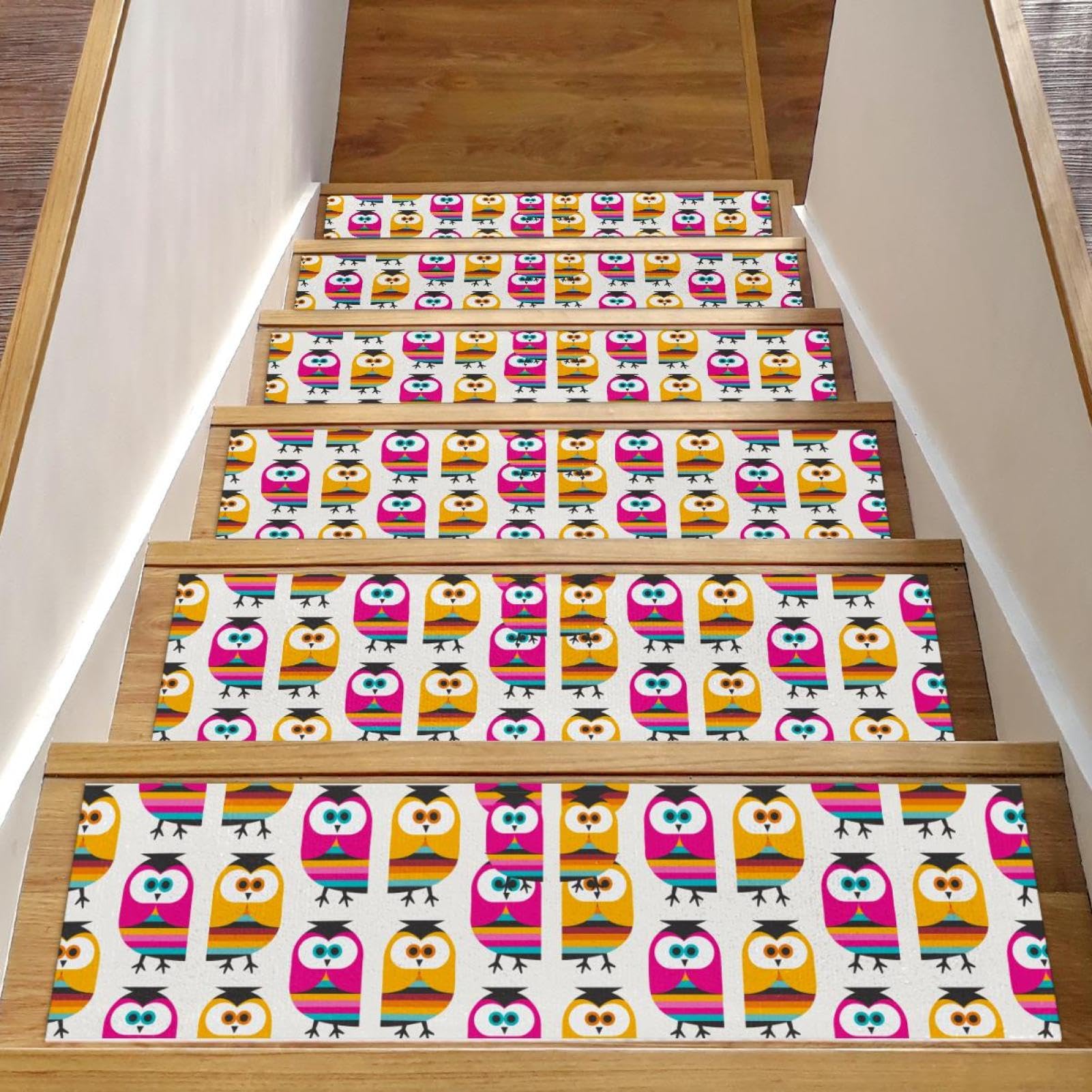 15 alfombras para peldaños de escalera de 76x20 cm, tapetes antideslizantes de búhos para interior