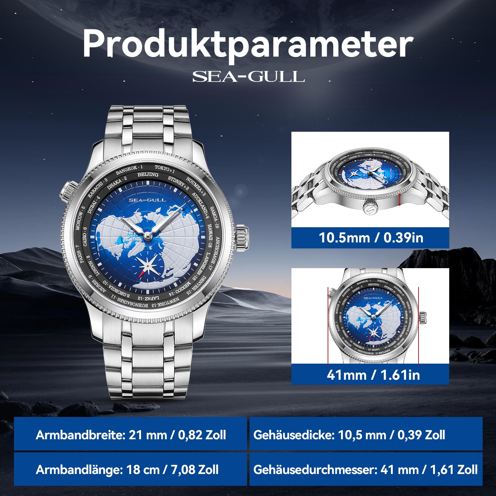 Seagull Automatische mechanische Herrenuhr, 41 mm GMT Weltzeit mit Sekundenzifferblatt, 5 ATM wasserdicht, leuchtende Armbanduhr, 6202