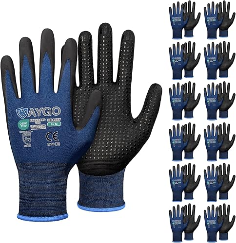 Miniatura 18 de KAYGO MicroFoam - Guantes de trabajo con revestimiento de nitrilo, 12 pares KG19N de nailon de punto sin costuras, micropuntos para un mejor agarre