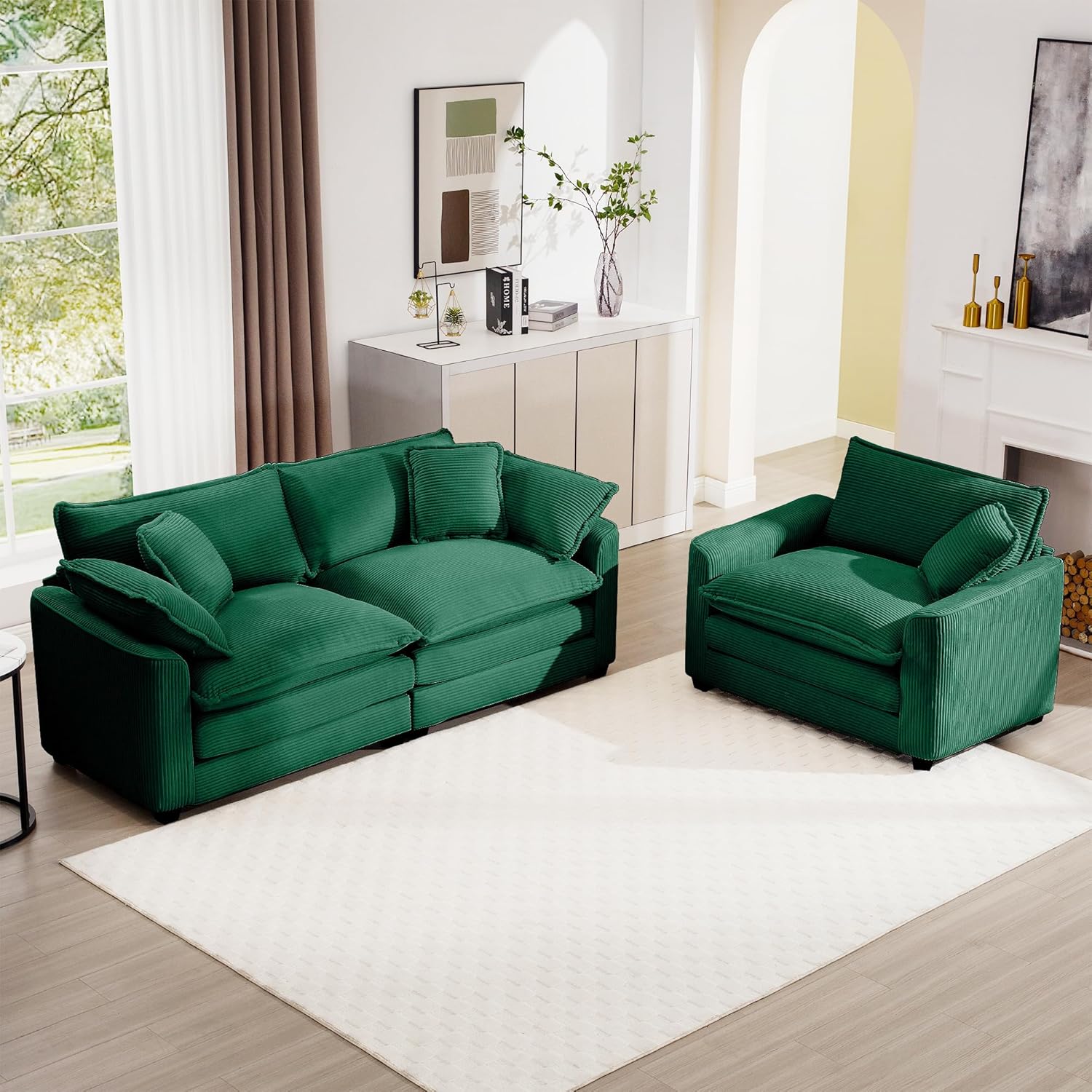 mikibama Luxury 3 Piece Sofa Set, 3-Seater & 2 Loveseat Couch Set, Modern Corduroy Comfy Cloud Couches Set for Living Room Office with 6 Armrest Pillows and 7 Toss Pillows, Grey