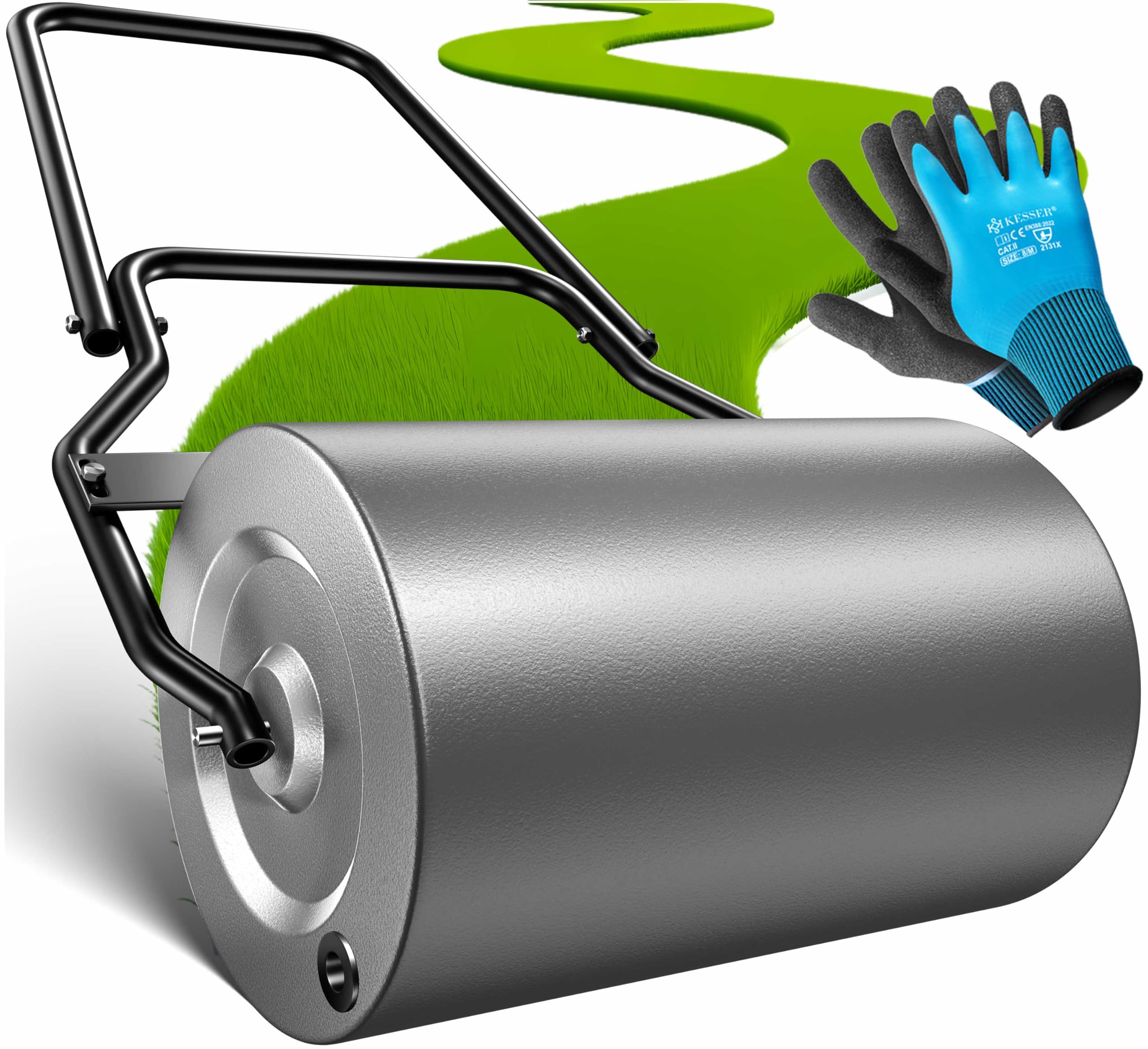 KESSER® Rasenwalze Metall befüllbar mit Wasser oder Sand mit 60 Liter Füllvolumen & 50cm breit | Gartenwalze inklusive Handschuhe | Handwalze Rasenroller Ackerwalze Walze in Anthrazit