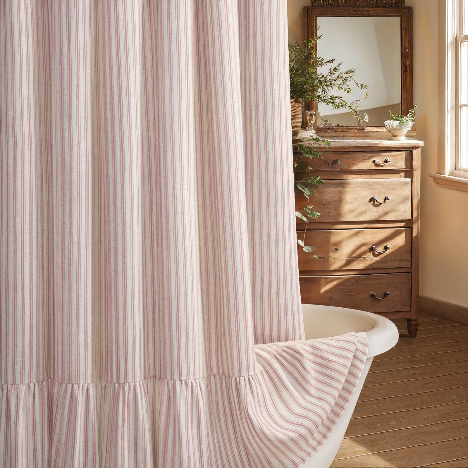 Farmhouse Shower Curtain Ruffle Linen Cream-Dusty Rose Stripe 72"W x 72"L โ image 1