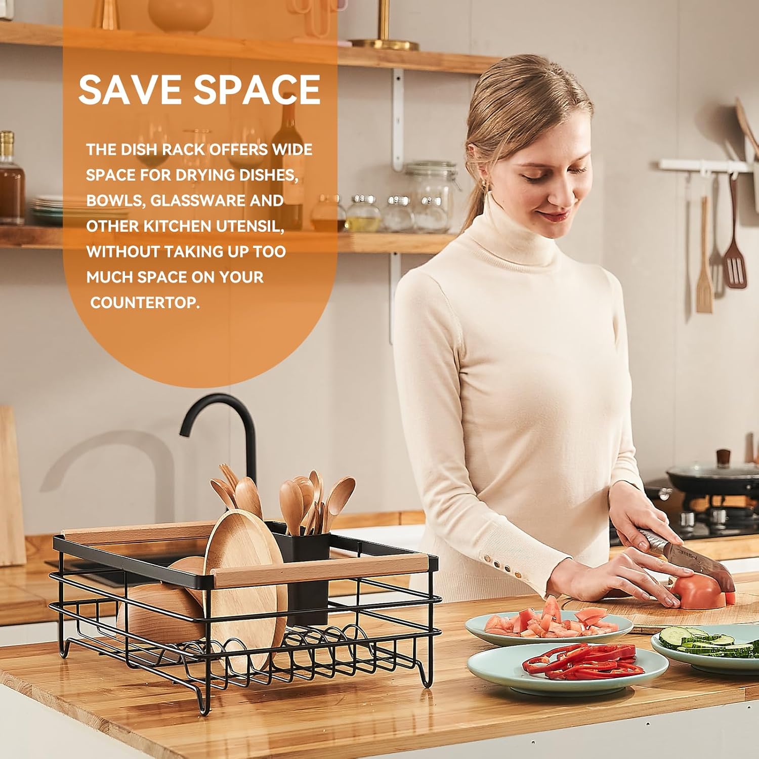 BRIAN & DANY Dish Drying Rack, Dish Racks for Kitchen Counter, Stainless Steel Dish Drainer with Removable Cutlery Holder & Drainboard, Black