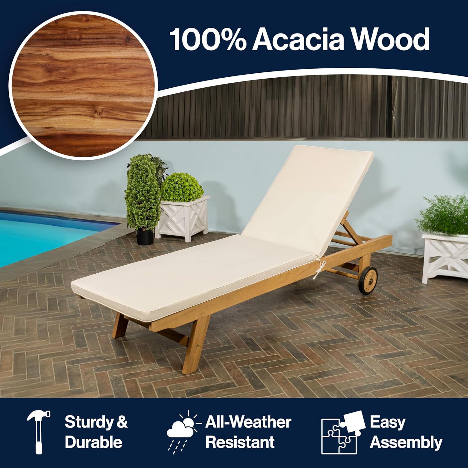 JONATHAN Y LNG1000A Mallorca 77.56"x23.62" Modern Classic Adjustable Acacia Wood Chaise Outdoor Lounge Chair with Cushion & Wheels Coastal, Bohemian, Minimalist, Traditional, White/Natural
