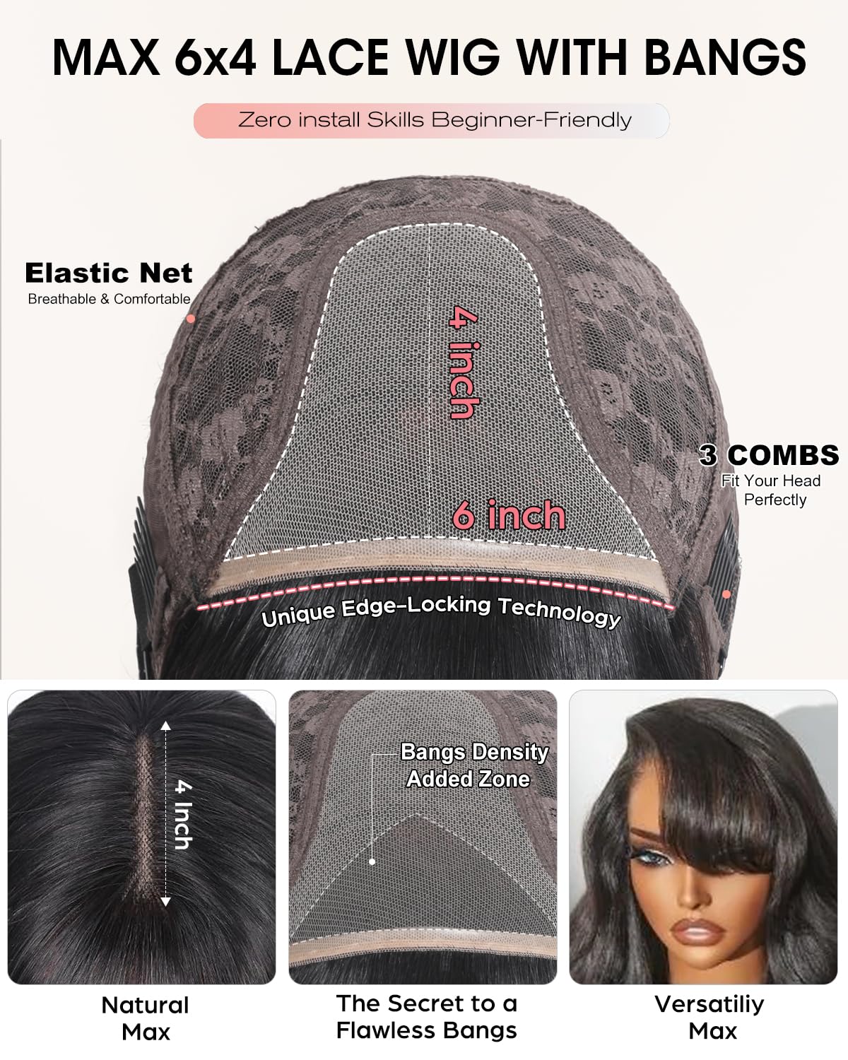Tunfine Straight Human Hair Wigs With Fringe For Black Women Real Wear And Go Glueless Wig Human Hair 4x6 Lace Front Wigs Brazilian Glueless Black Real Hair Wigs With Bangs 24 Inch - Image 4