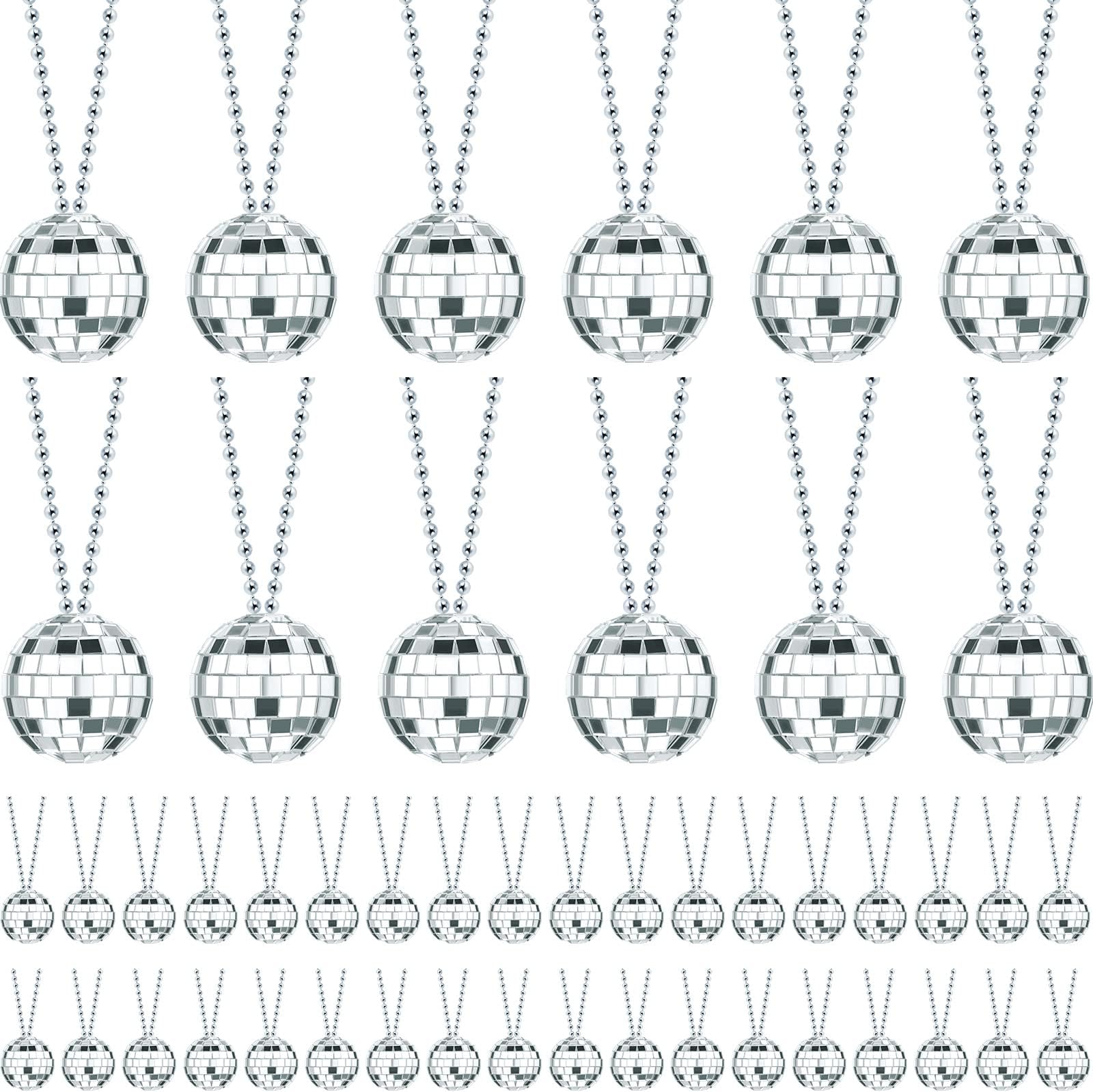 Junkin 48 Pieces Disco Necklaces Decoration Bulk Disco Mirror Ball New Year 70s Party Favors Mini Balls Decoration, 1.57 Inch Stage Props Accessories