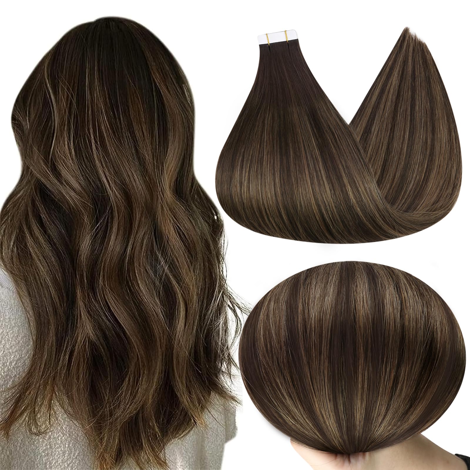 Full Shine Tape in Human Hair Extensions 18 Inch Adhesive Hair Extensions 50G 20Pcs Glue on Hair Extension Color 2 Darkest Brown Ombre 8 Ash Brown and