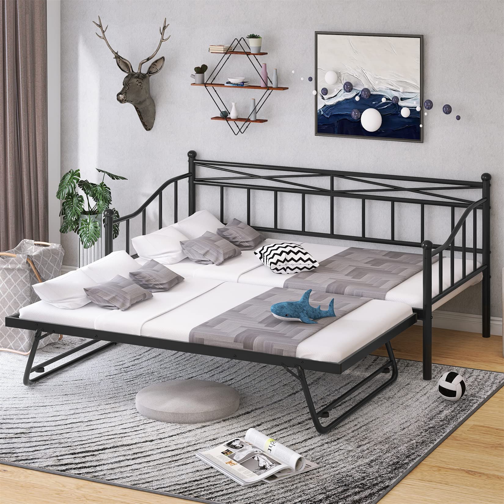 Metal Daybed with Trundle HeavyDuty Day Bed with Pop Up Trundle for Living Room Bedroom, Black