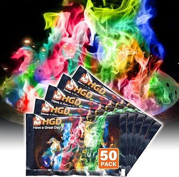 HGD 50 Pack Fire Color Changing Packets for Fire Pit, Indoor/Outdoor Fireplace, Campfires, Bonfires - Mystical Rainbow Magic Flames, Camping Accessories for Family Entertainment