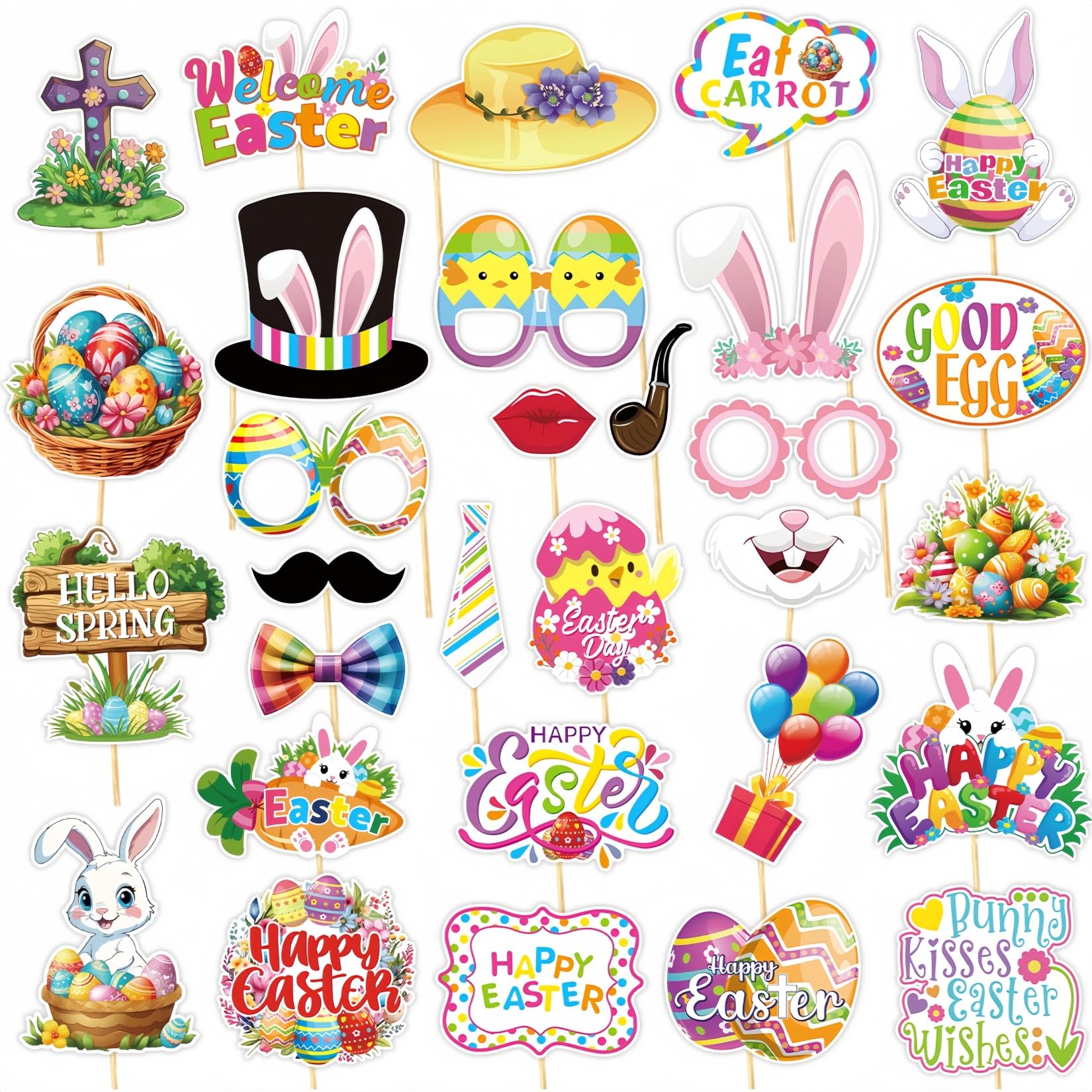 30 Pcs Easter Photo Booth Props, Easter Bunny Rabbit Eggs Paper Glasses Pattern DIY Easter Spring Photography Party Celebration Decorations