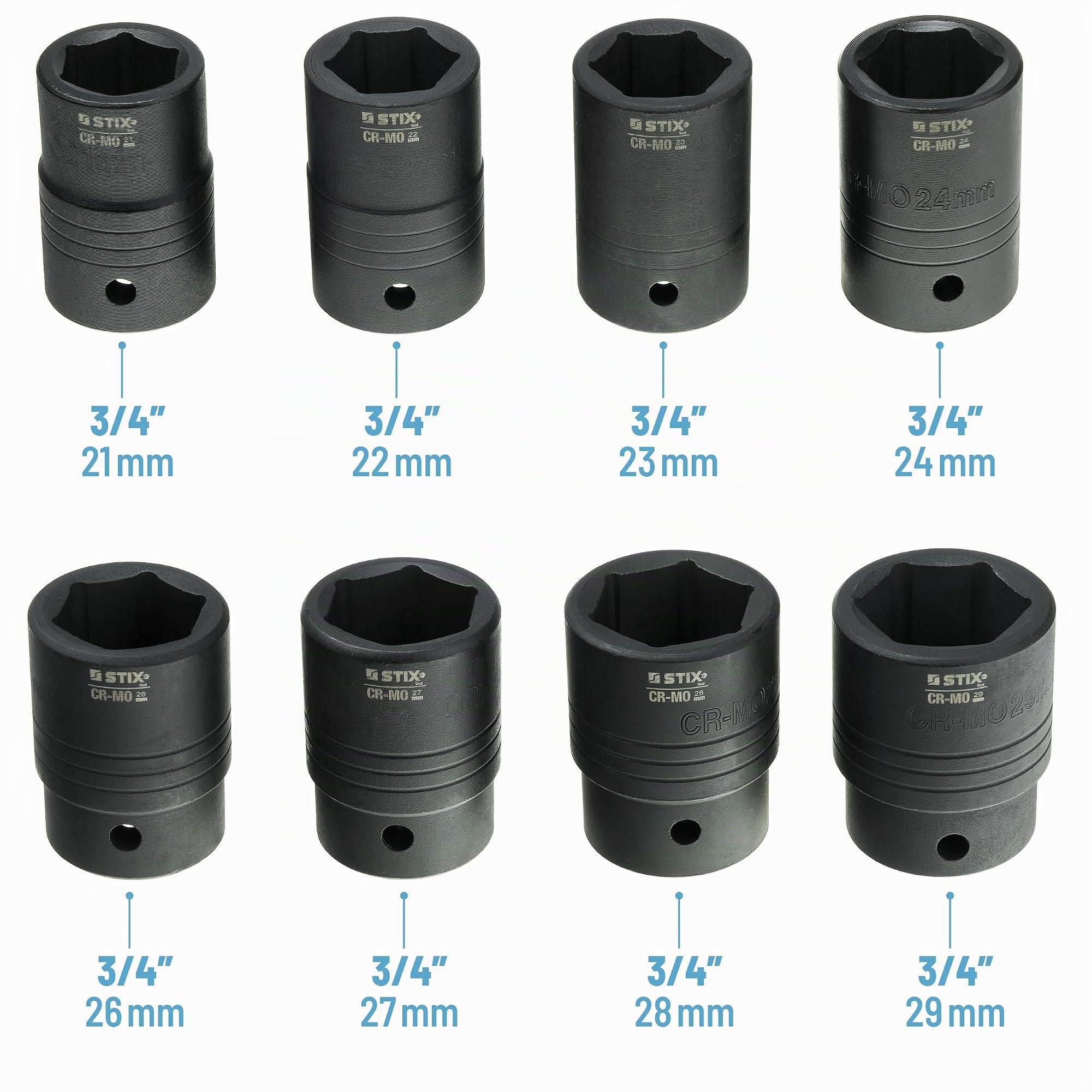 STIX Set Chiavi a Bussola a Impatto 3/4" e 1" CR-MO 21-65 mm 26 Pezzi | Bussole lunghe, accessori inclusi, robusta valigetta per il trasporto, per avvitatori a percussione, uso professionale