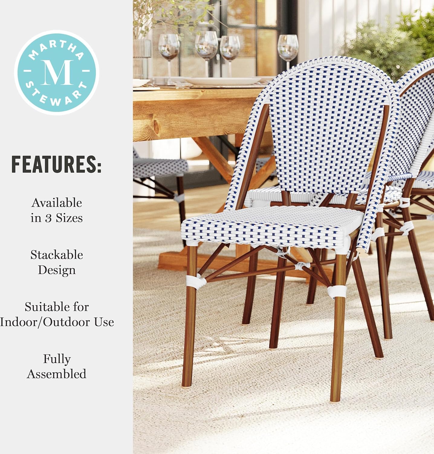 Martha Stewart Lily Pond Indoor-Outdoor Stackable Aluminum Bistro Chair with Natural Woodgrain Frame Finish and White/Navy Woven Rattan Backrest and Seat