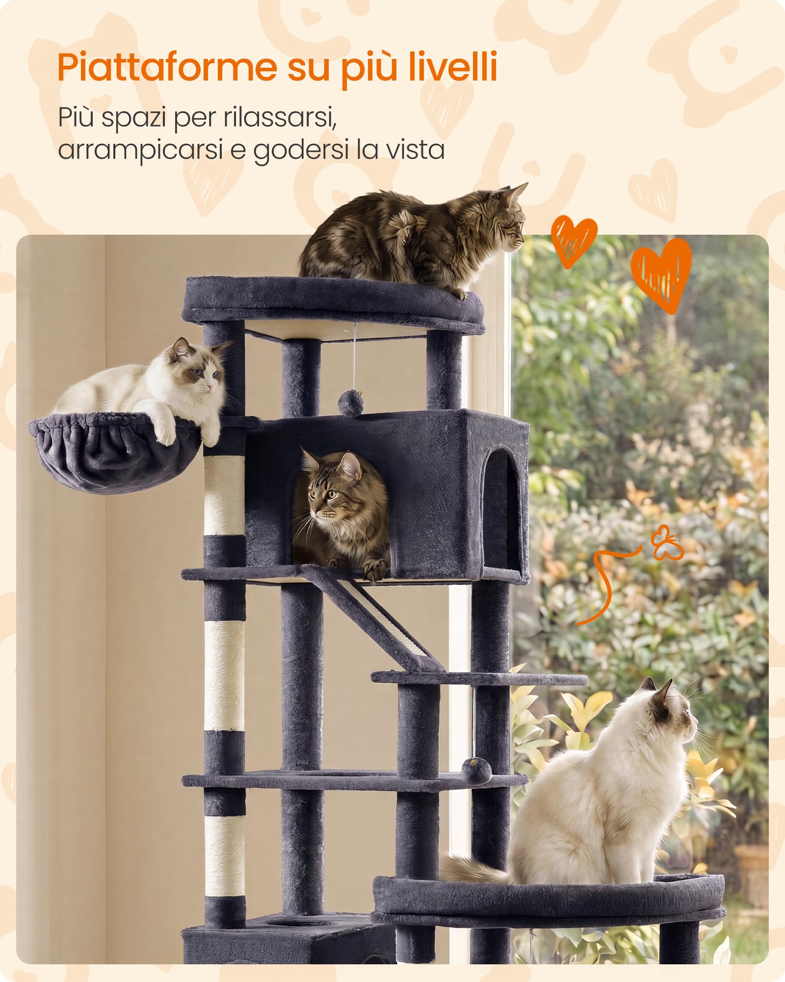Feandrea Albero per Gatti XXL, Torre Tiragraffi in Sisal con Doppia Base, 6 Aree di Riposo, 133,5 x 67,5 x 202 cm, Grigio Scuro, per Gatti Grandi, Collezione Clawfy PCT020G201