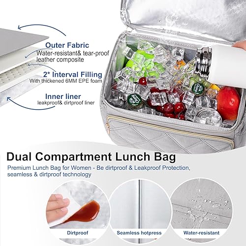 Miniatura 6 de Weitars Lonchera para mujeres y hombres, lonchera de doble cubierta para mujeres, bolsa de almuerzo acolchada para el trabajo, lonchera aislada a
