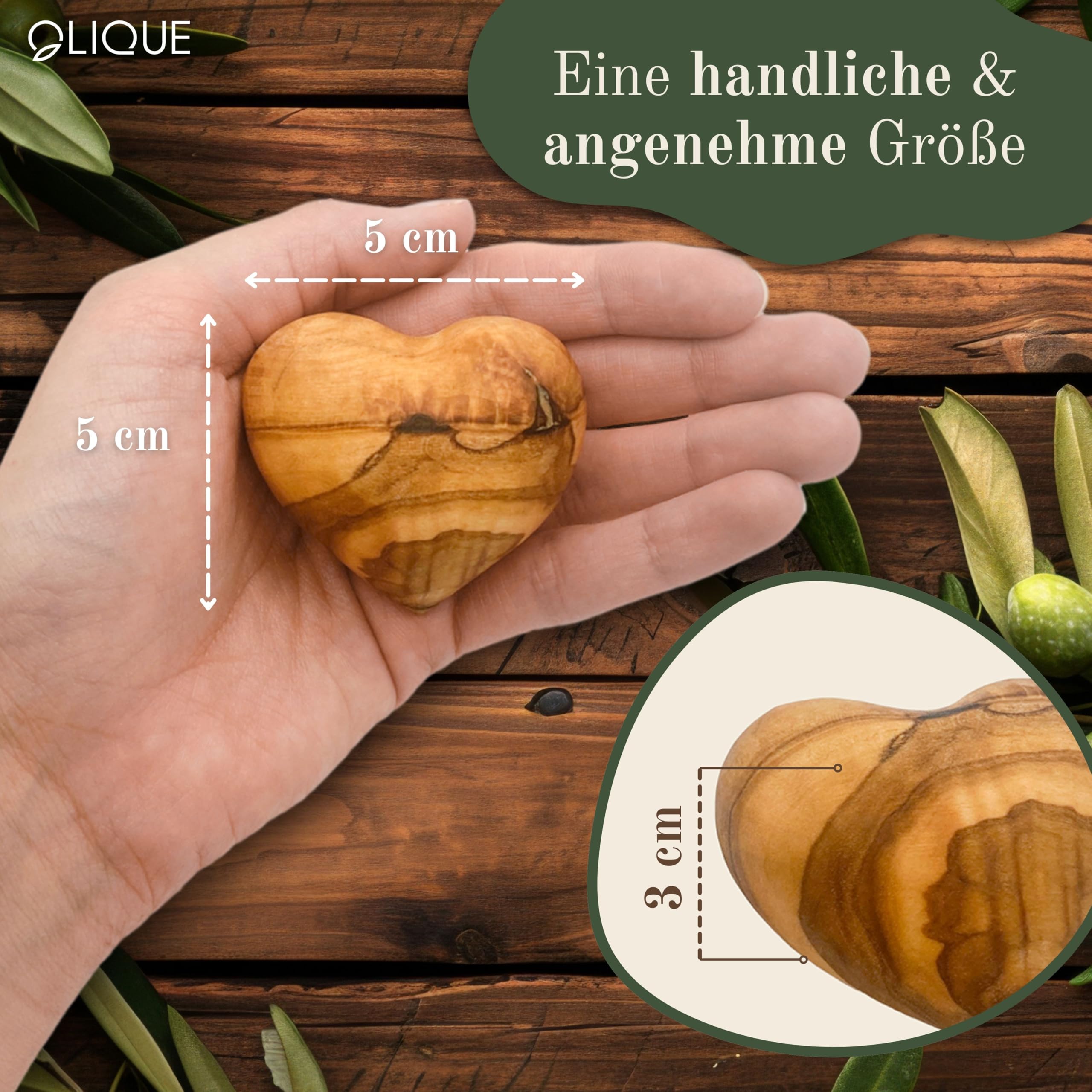 Cœur en bois d'olivier - Bijou artisanal fait main, idéal comme cadeau pour la naissance, le baptême, la communion et la confirmation (Avec gravure)