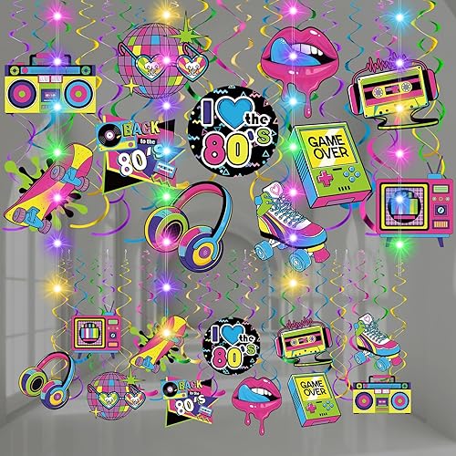 Skyygemm 56 piezas de decoraciones colgantes de los años 80 con luces de vuelta a los 80, remolinos colgantes retro, recortes de papel de hip hop,