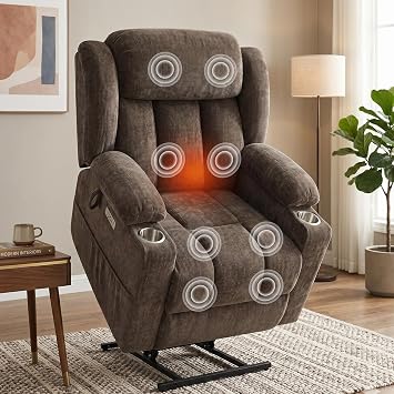 ABCASA Large Power Lift Chairs Recliners for Elderly with Heat & Massage, Upgraded Chenille Recliners, USB-A & C, Cup Holder, Side Pocket, Brown