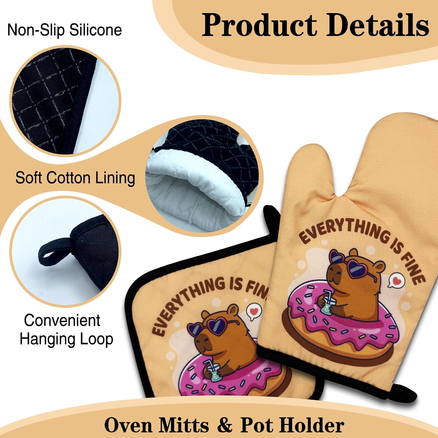 Cute Capybara Oven Mitts and Pot Holders Set of 2, Everything is Fine, Heat Resistant Non-Slip Kitchen Mitts Hot Pads, Capybara Lovers Gifts, Humor Kitchen Gifts for Women Hostess Mom Wife