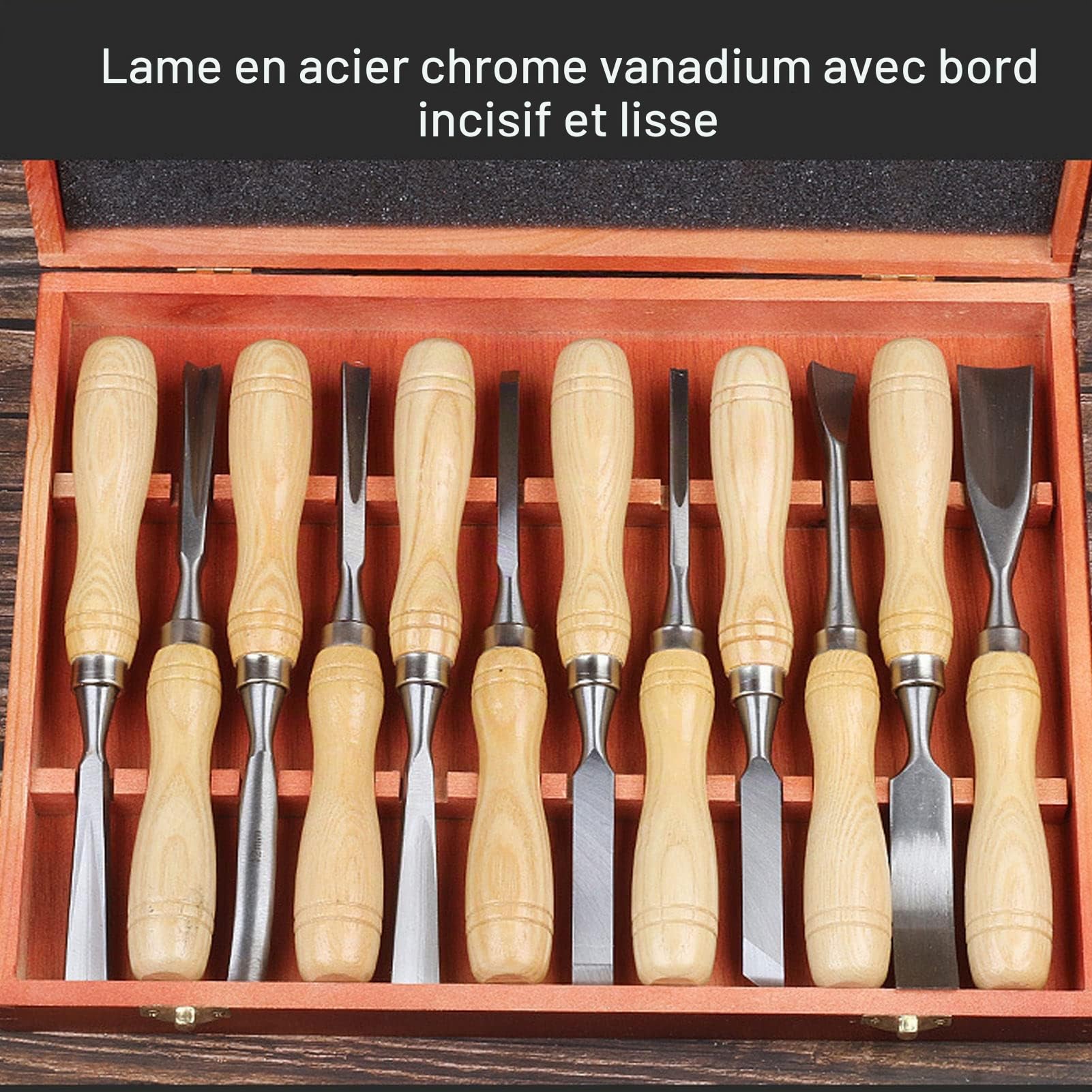 Outils de Sculpture sur Bois 12 Pièces, Kit de Sculpture sur Bois avec Boîte de Rangement en Bois, Outils de Sculpture sur Bois à Lame CRV pour Cuillère, Bol, Tasse, Travail du Bois