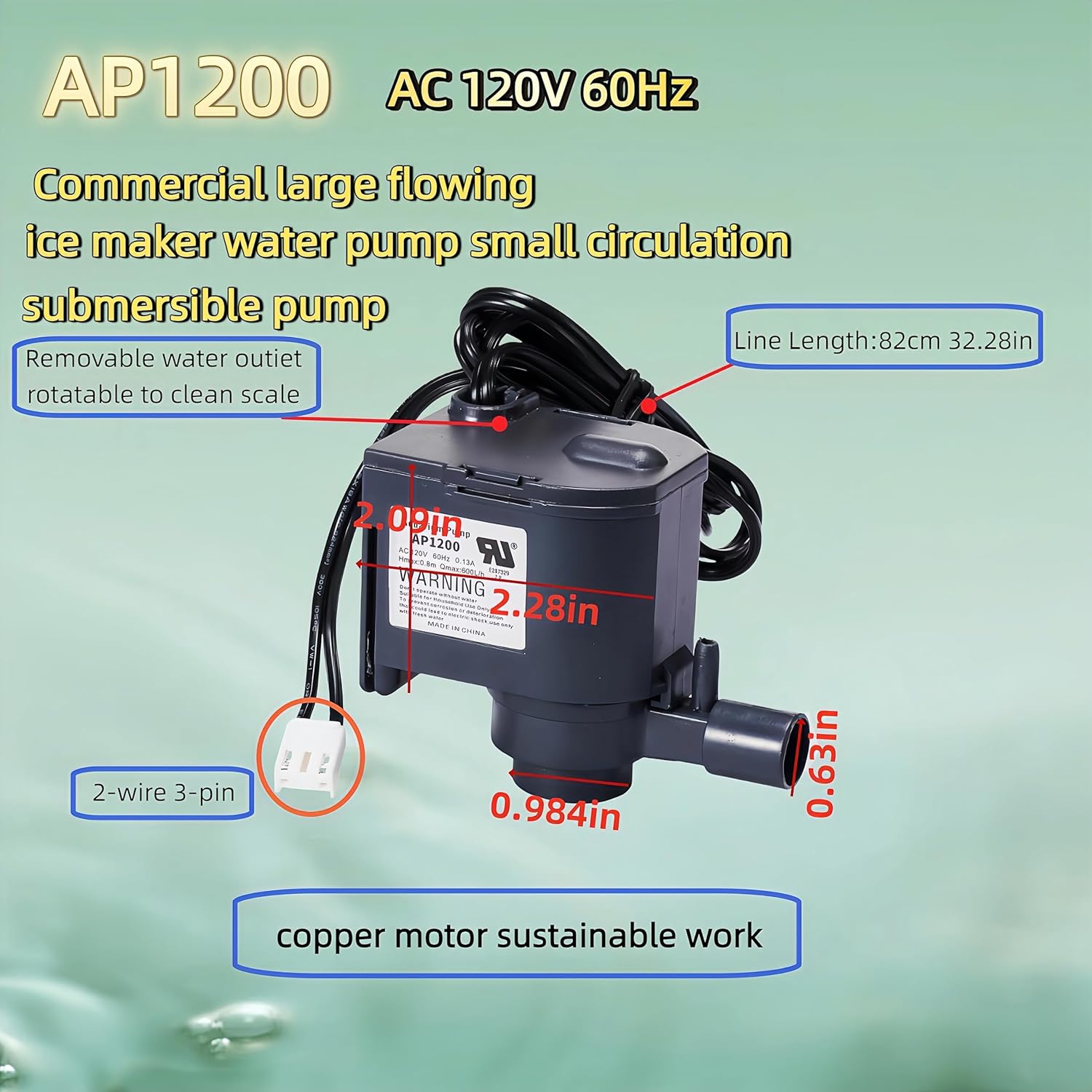 AP1200 AC120V Commercial Large Flow Small - sized Circulating Submersible Water Pump Fits for HZB - 30F, HZB - 38F, HZB - 32, HZB - 45, HZB - 65, HZB - 90, HZB - 120, HZB - 160 Ice Makers