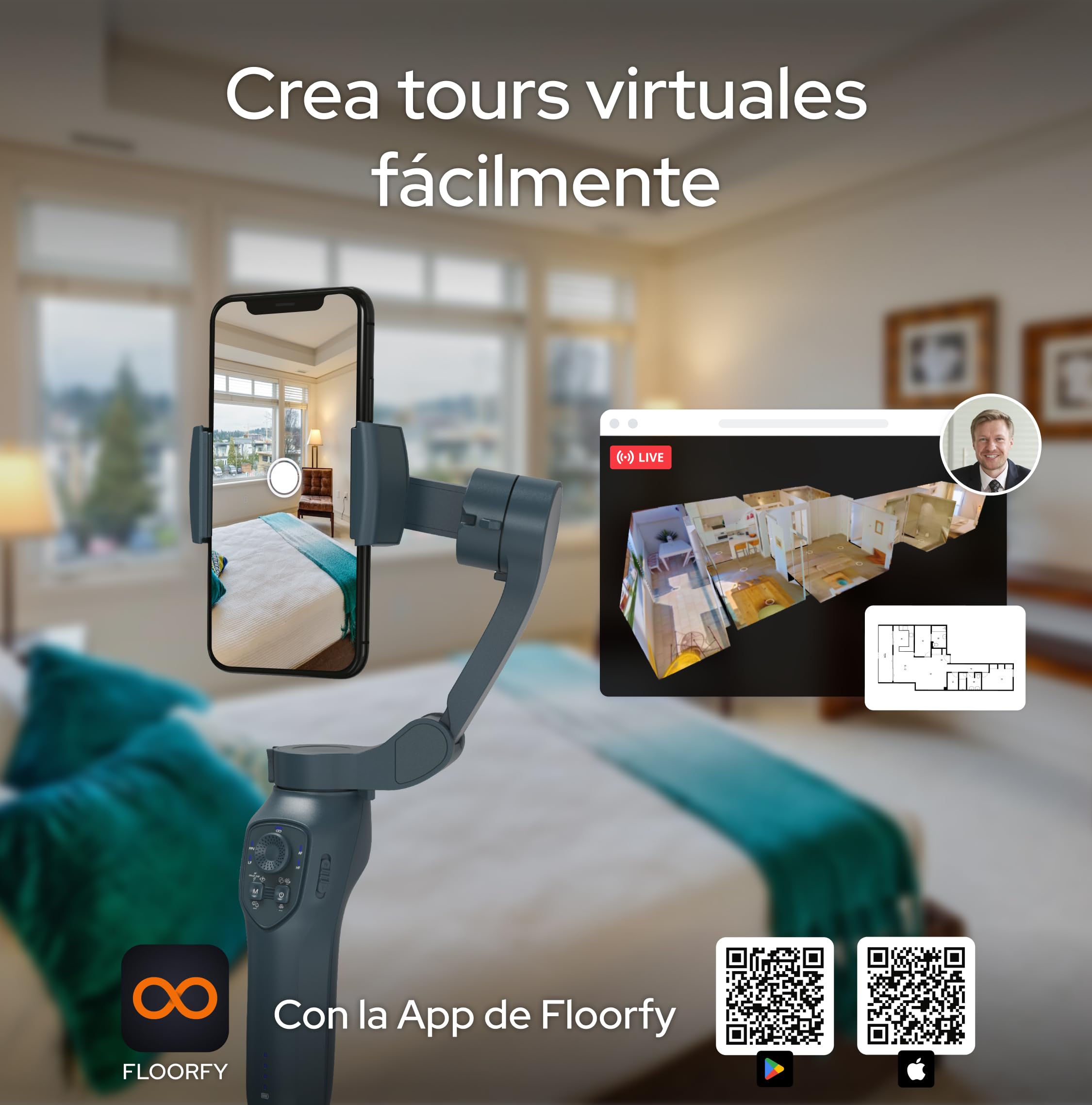 GYRO Floorfy. Estabilizador Inteligente de Tres Ejes para teléfonos, Brazo Extensible Integrado, para Android y iPhone. CREA Tours virtuales con la App de Floorfy