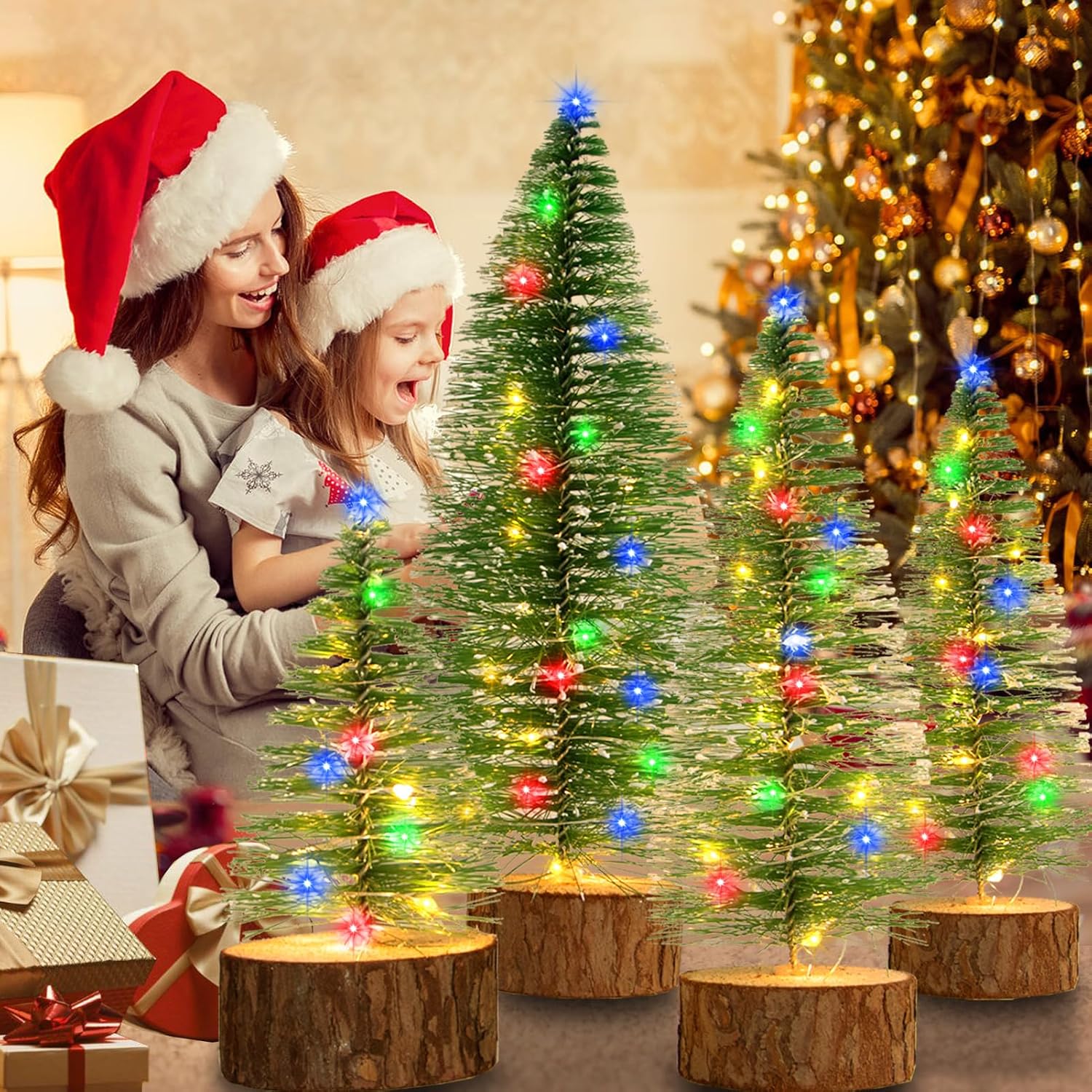 4Pcs Mini Christmas Trees, 2 Modes Timer Bottle Brush Christmas Trees, Artificial Christmas Tree, Mini Snow Frost Trees with Wooden Base for Xmas Home Decor (RGB)