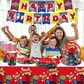 54Pcs City Heroes Party Tableware Decorations for Boys Birthday,Super-hero Marvel Cartoon Decorations Table Cloth,7inch Paper Plates,Banner,Paper Napkins for Avengers Theme Table Party Favor