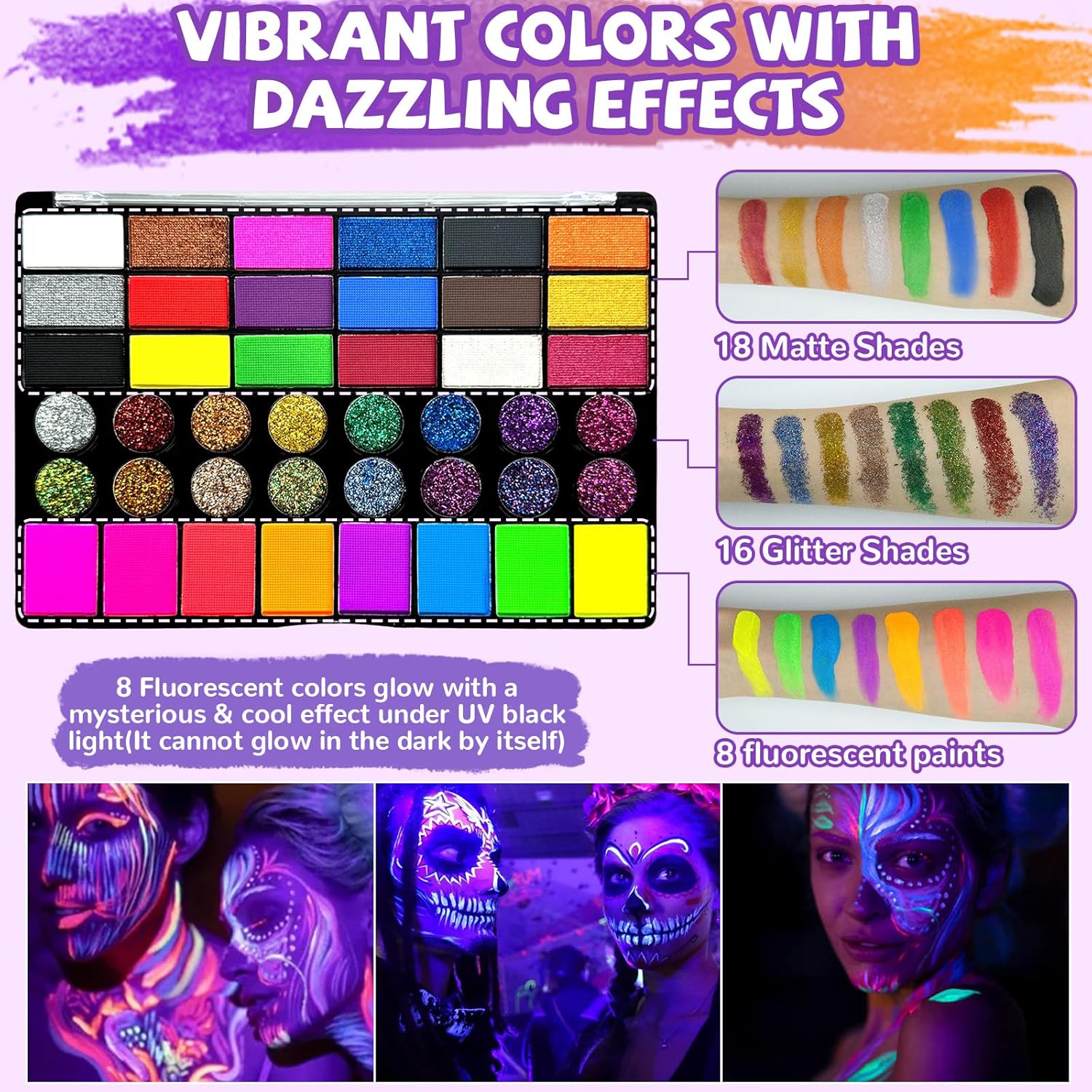 Professional Face Painting Kit for Kids – 42 Color Water Activated Facepaint Makeup Kit, Non-Toxic face Paint with Stencils, Gems, Brushes– for Halloween, Parties, Carnival, School Event & Festivals