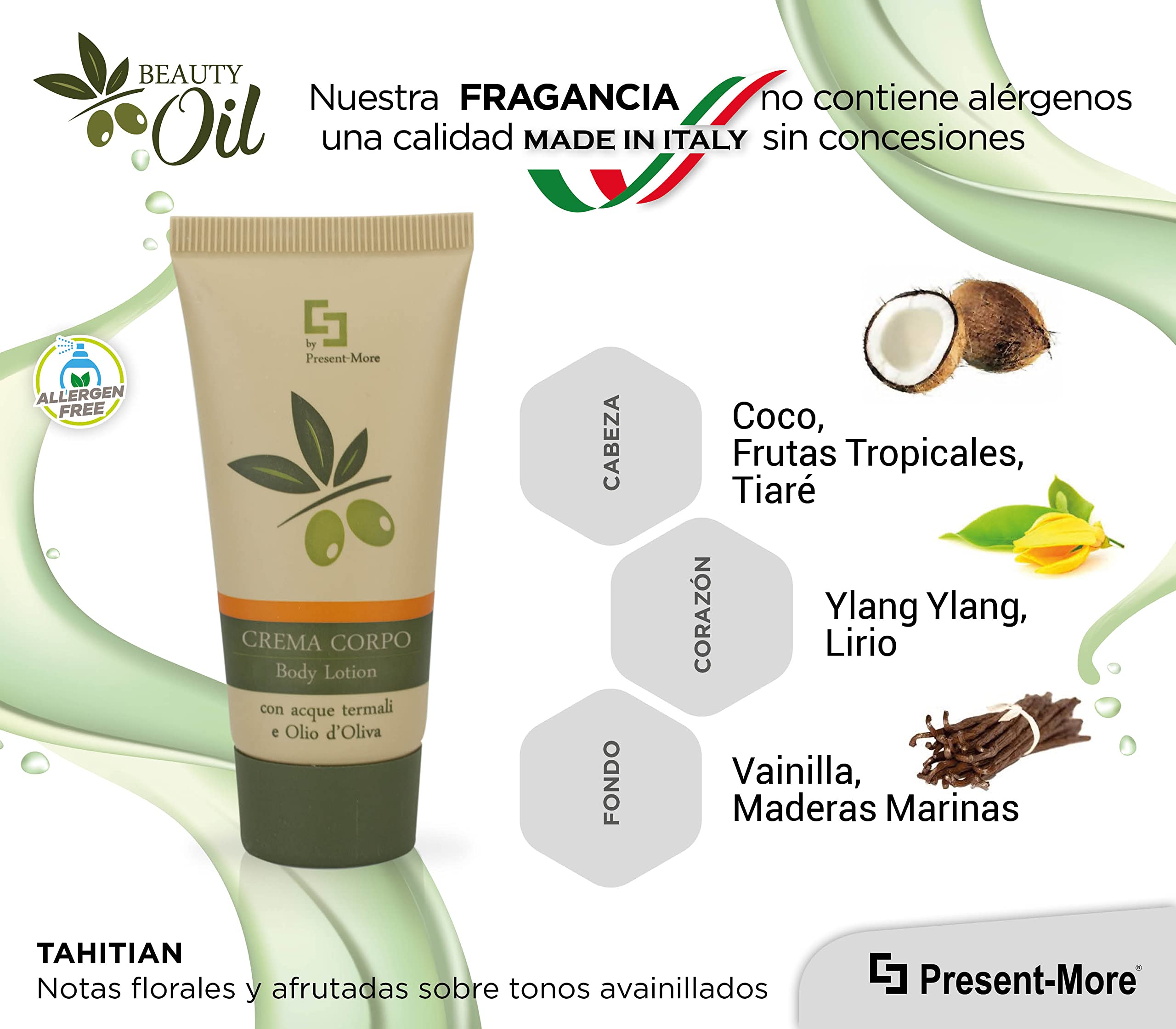 Present-More Crema corporal 30ml Beauty Oil - Crema cuerpo 150 unidades para Hoteles y B&B | Crema cuerpo sin alérgenos con fragancia Tahitian