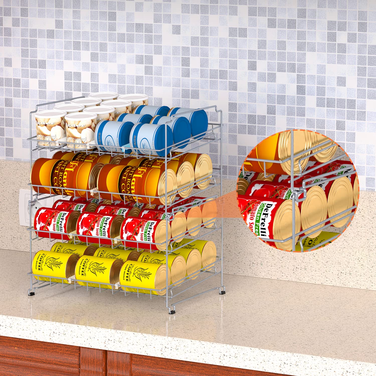 Bomclap Estantería apilable para armarios de cocina, 4 niveles, para 48 latas, color plateado